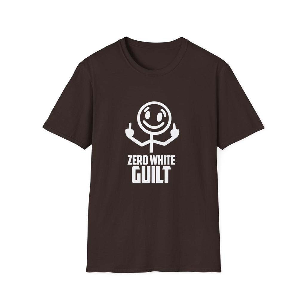 Zero White Guilt T-Shirt — Smiley Stick Figure Flipping Off Graphic Tee