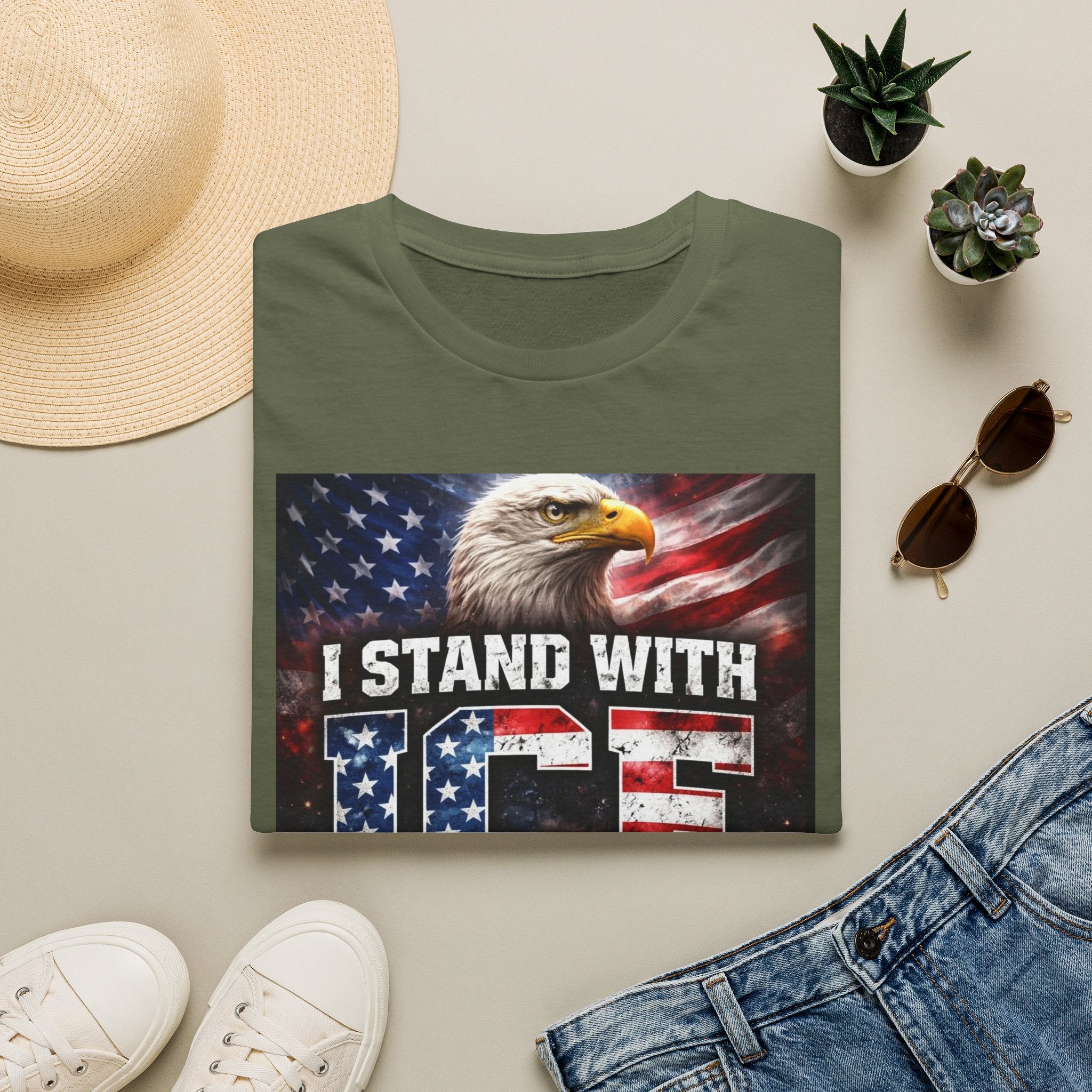 I Stand With ICE American Flag Eagle T-Shirt — Pro-ICE Patriotic Tee