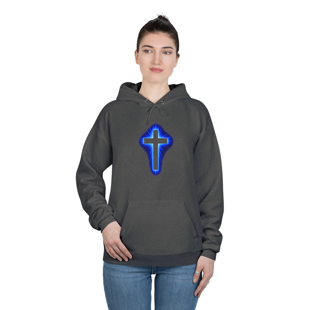 Christian Cross Hoodie — Blue Glow Front & Rustic Back Pullover
