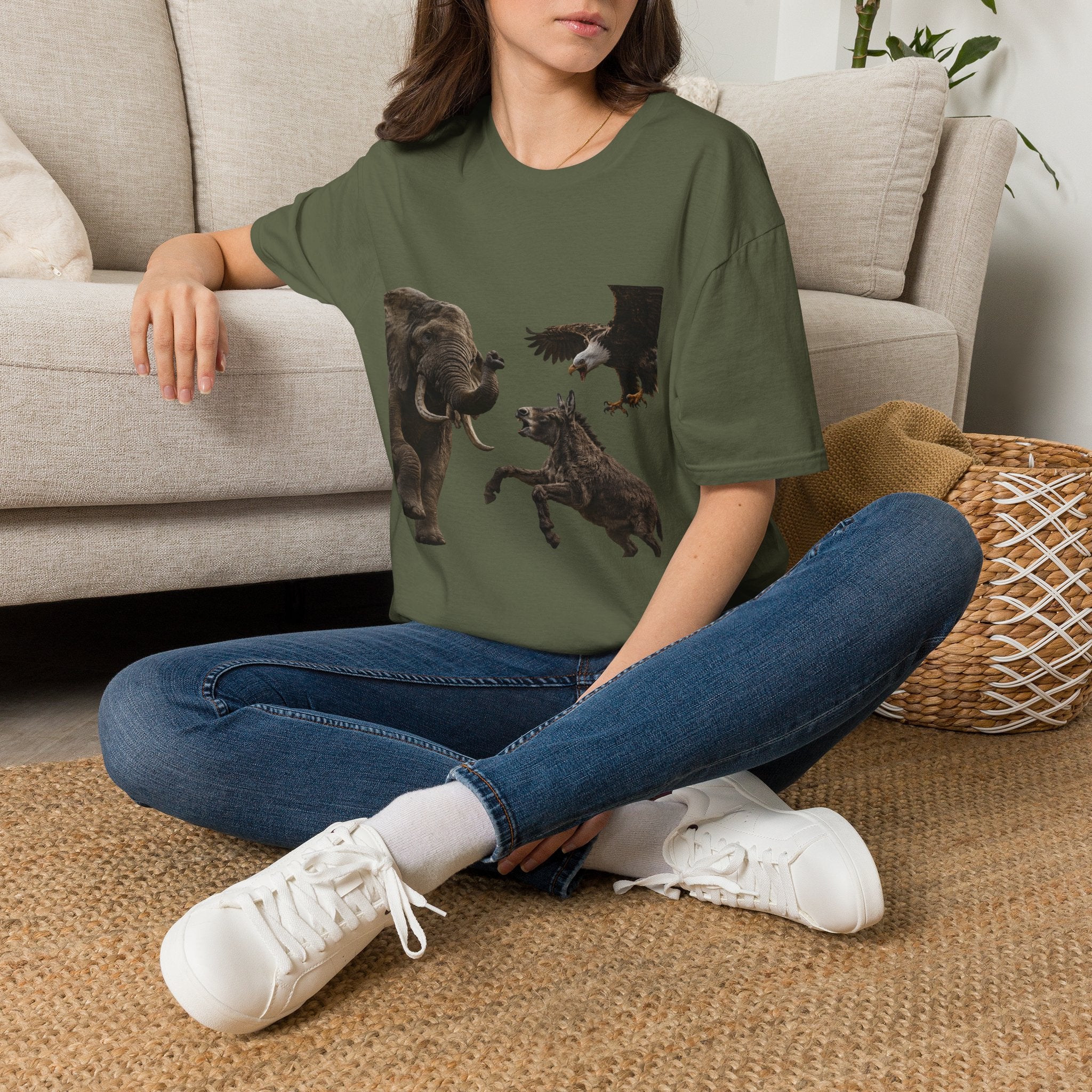 Wildlife Face-Off T-Shirt — Elephant, Eagle & Donkey Nature Scene