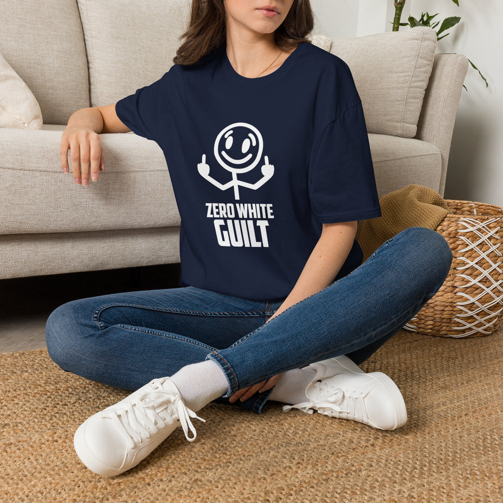 Zero White Guilt T-Shirt — Smiley Stick Figure Flipping Off Graphic Tee