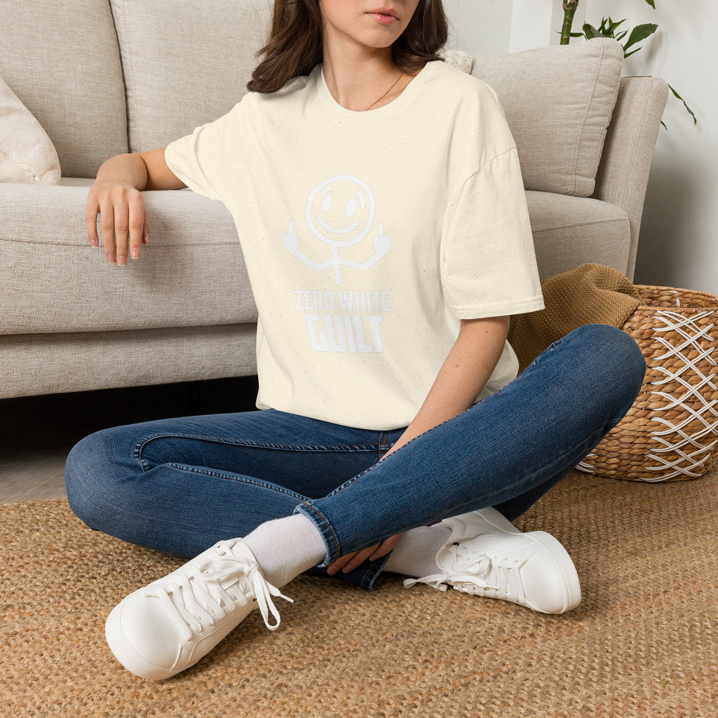 Zero White Guilt T-Shirt — Smiley Stick Figure Flipping Off Graphic Tee