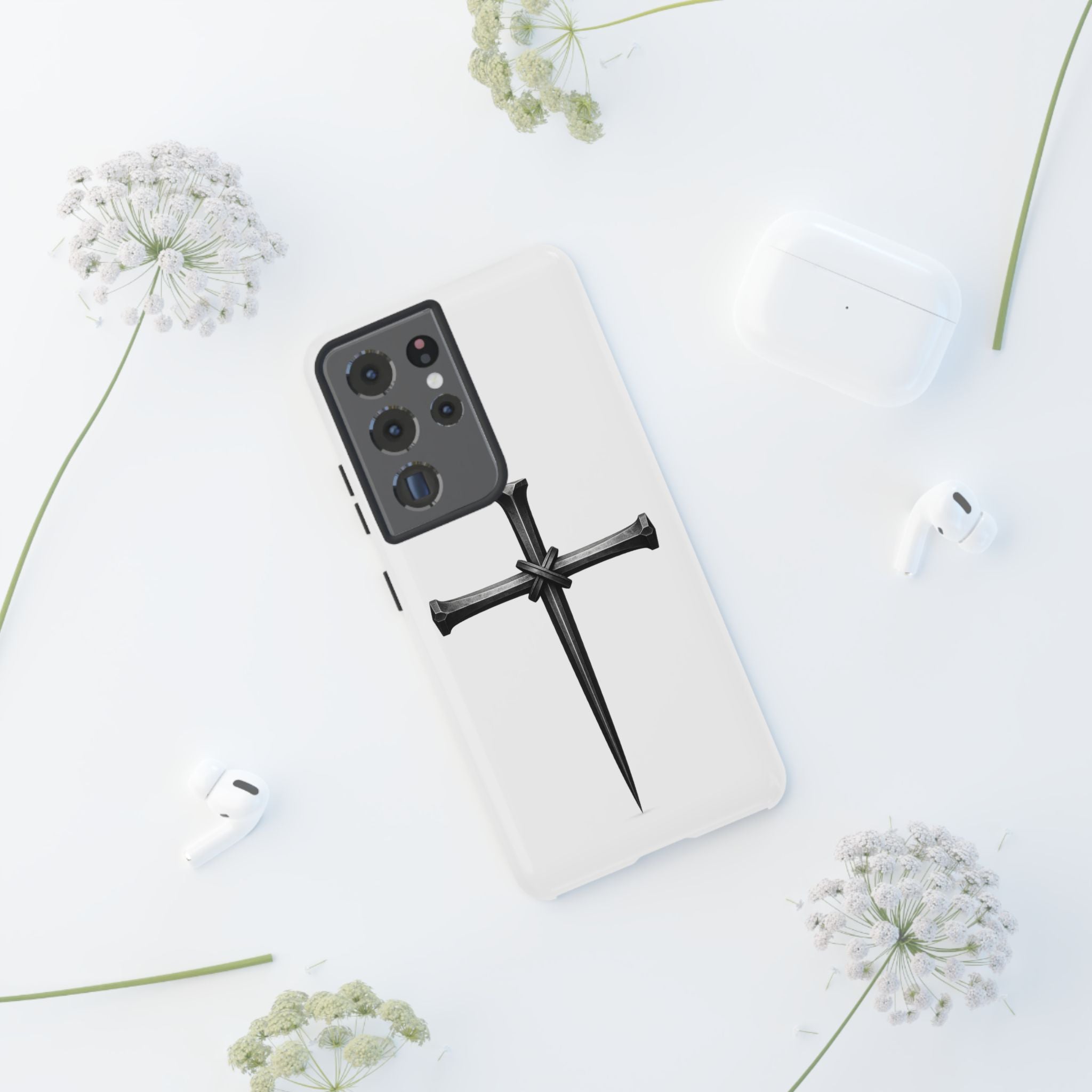 Nail Cross Tough Phone Case – Minimal Gothic Christian Armor for Samsung & iPhone