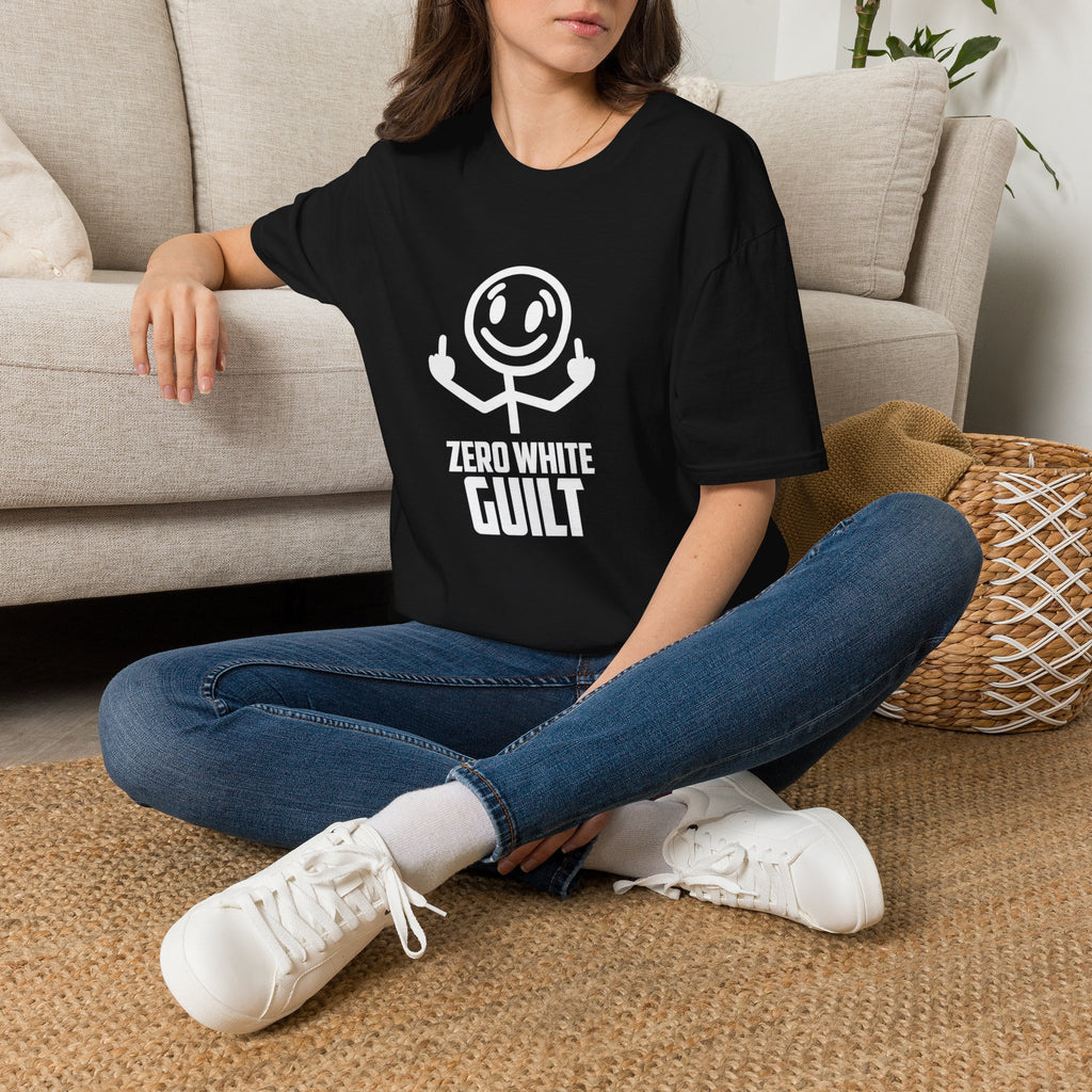 Zero White Guilt T-Shirt — Smiley Stick Figure Flipping Off Graphic Tee