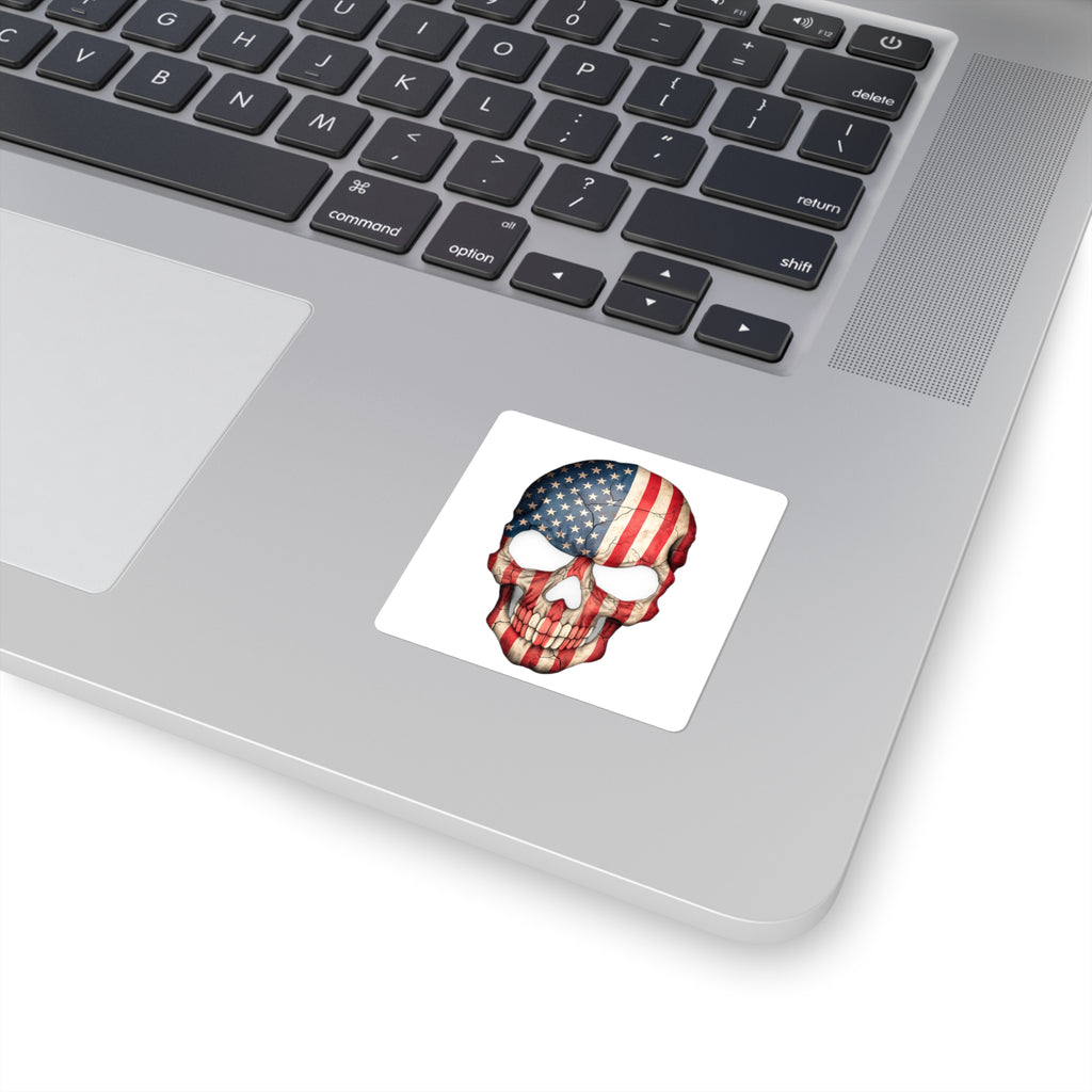 American Flag Skull Sticker — Patriotic Skull Square Decal for Laptop, Helmet, Guitar