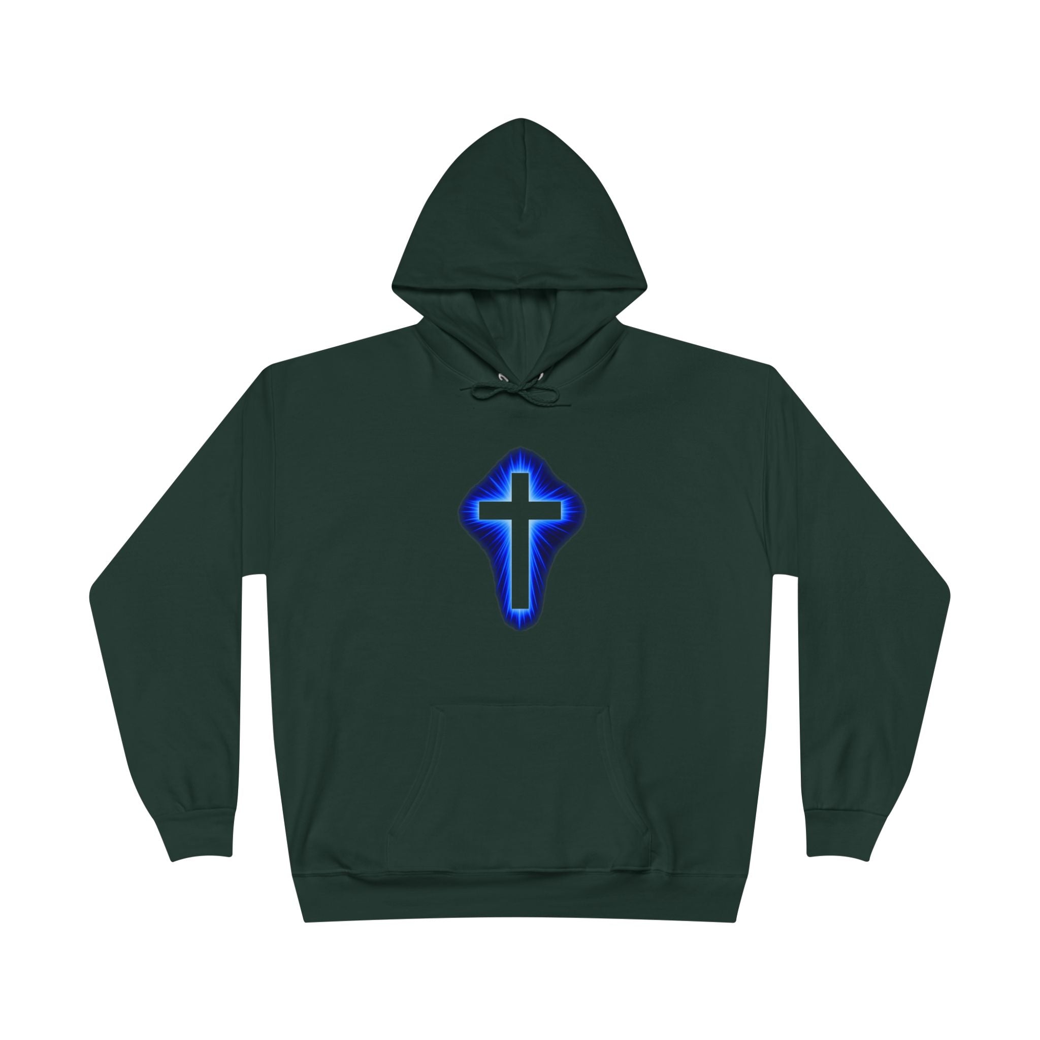Christian Cross Hoodie — Blue Glow Front & Rustic Back Pullover