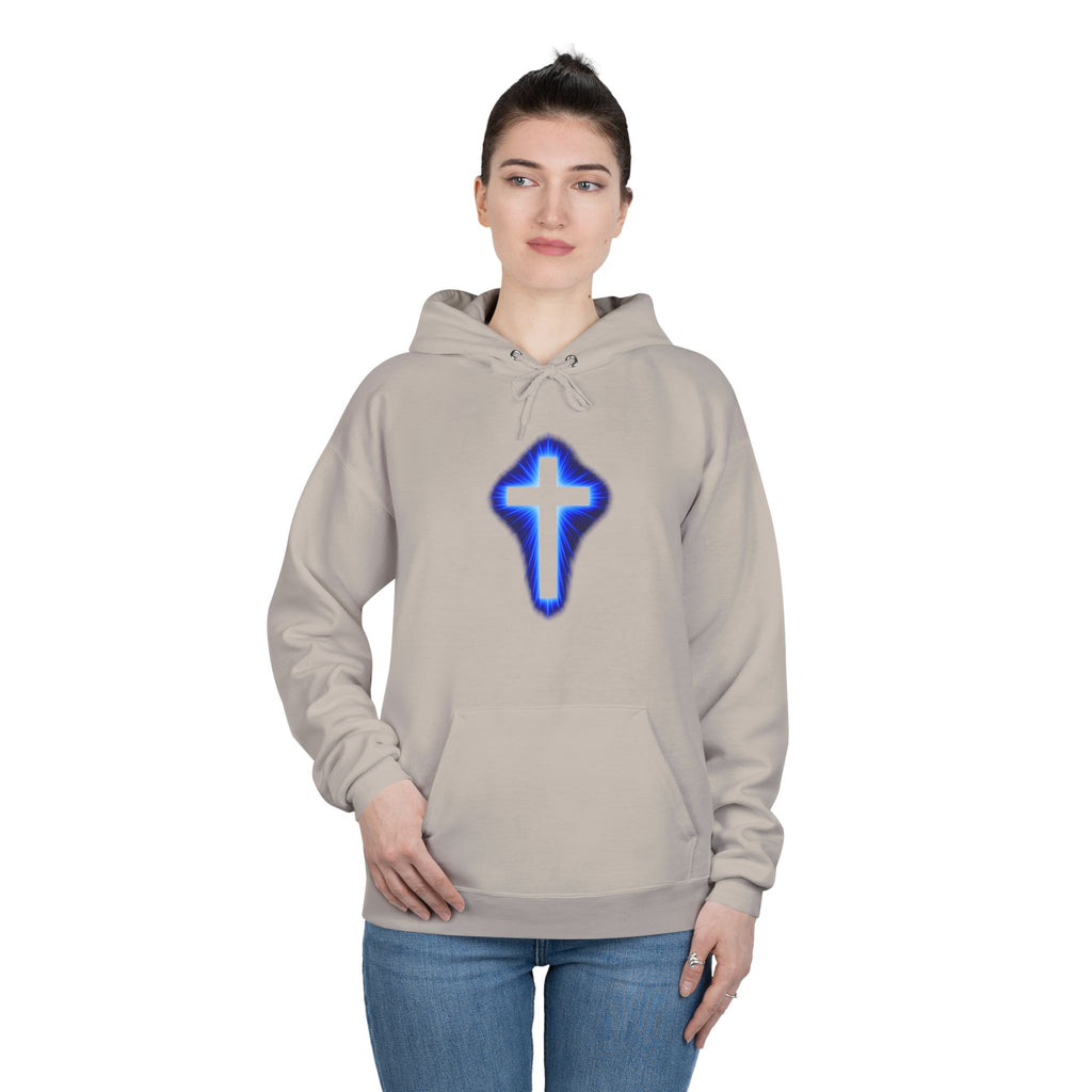 Christian Cross Hoodie — Blue Glow Front & Rustic Back Pullover