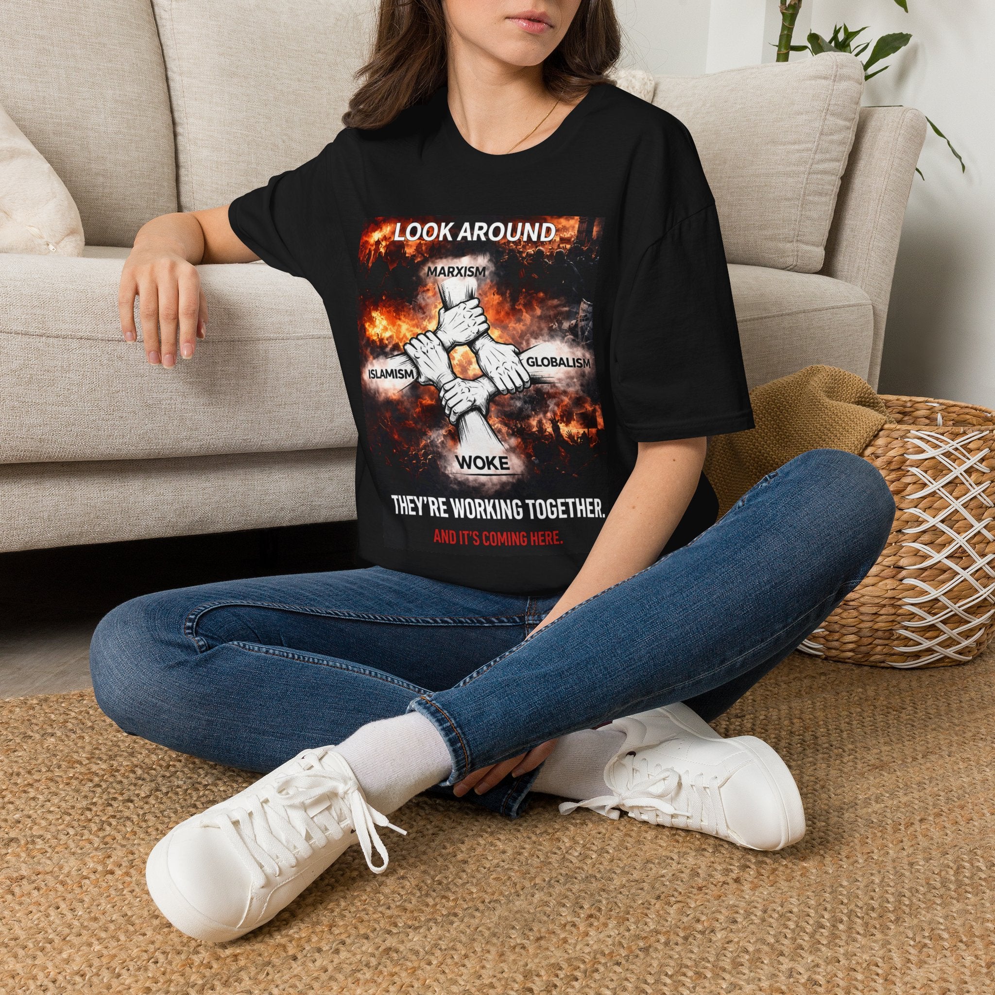 Political Graphic T-Shirt — "Look Around" Protest Design
