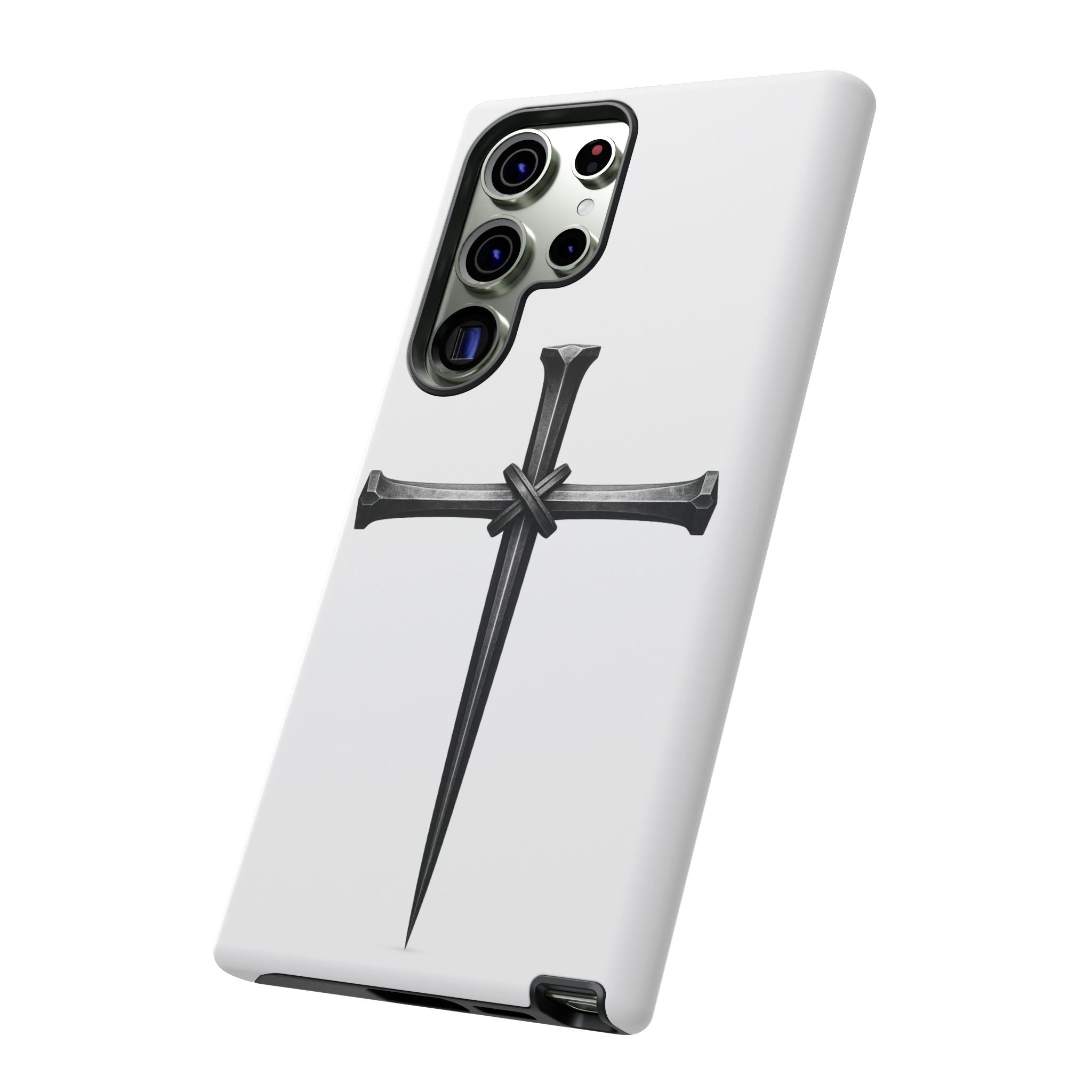 Nail Cross Tough Phone Case – Minimal Gothic Christian Armor for Samsung & iPhone