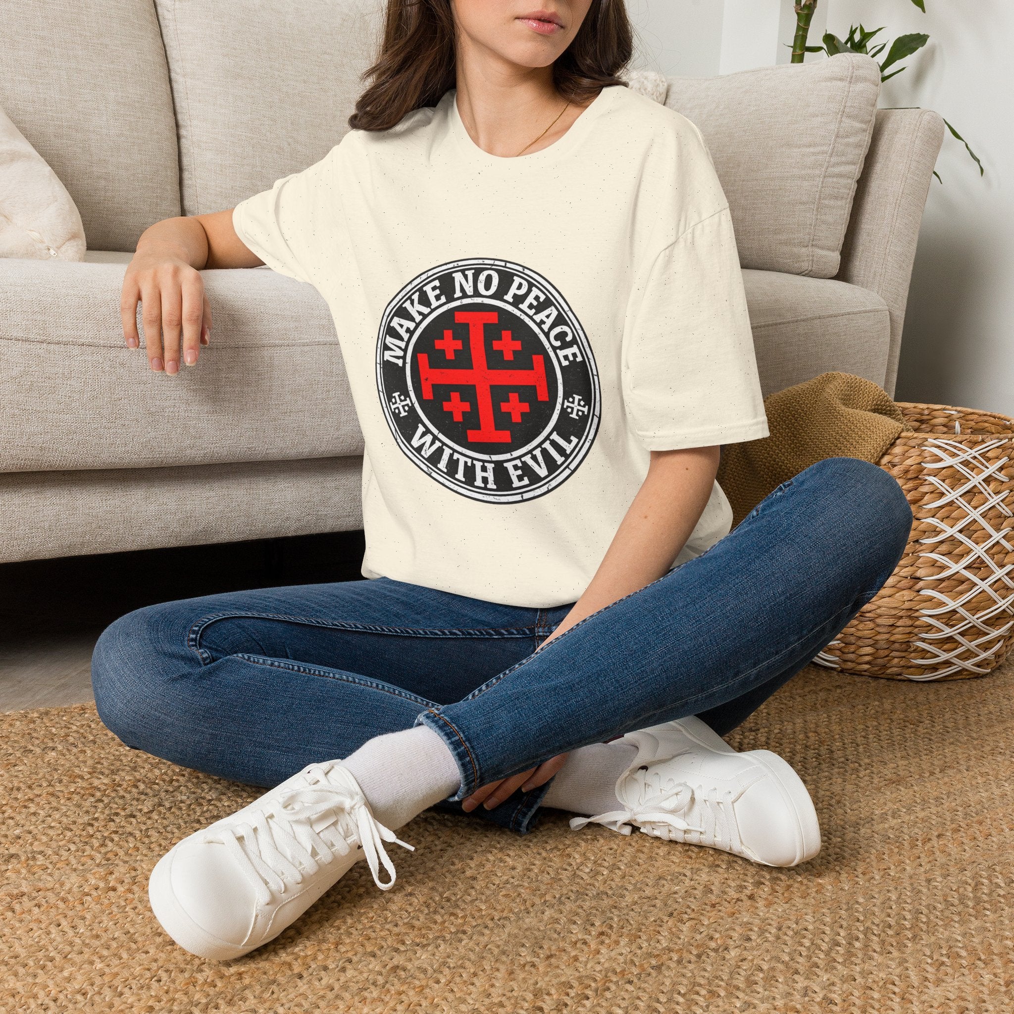 Make No Peace T-Shirt — Bold Crusader Emblem Tee ("Make No Peace With Evil")