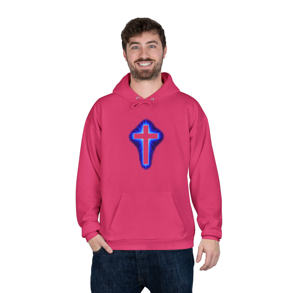 Christian Cross Hoodie — Blue Glow Front & Rustic Back Pullover