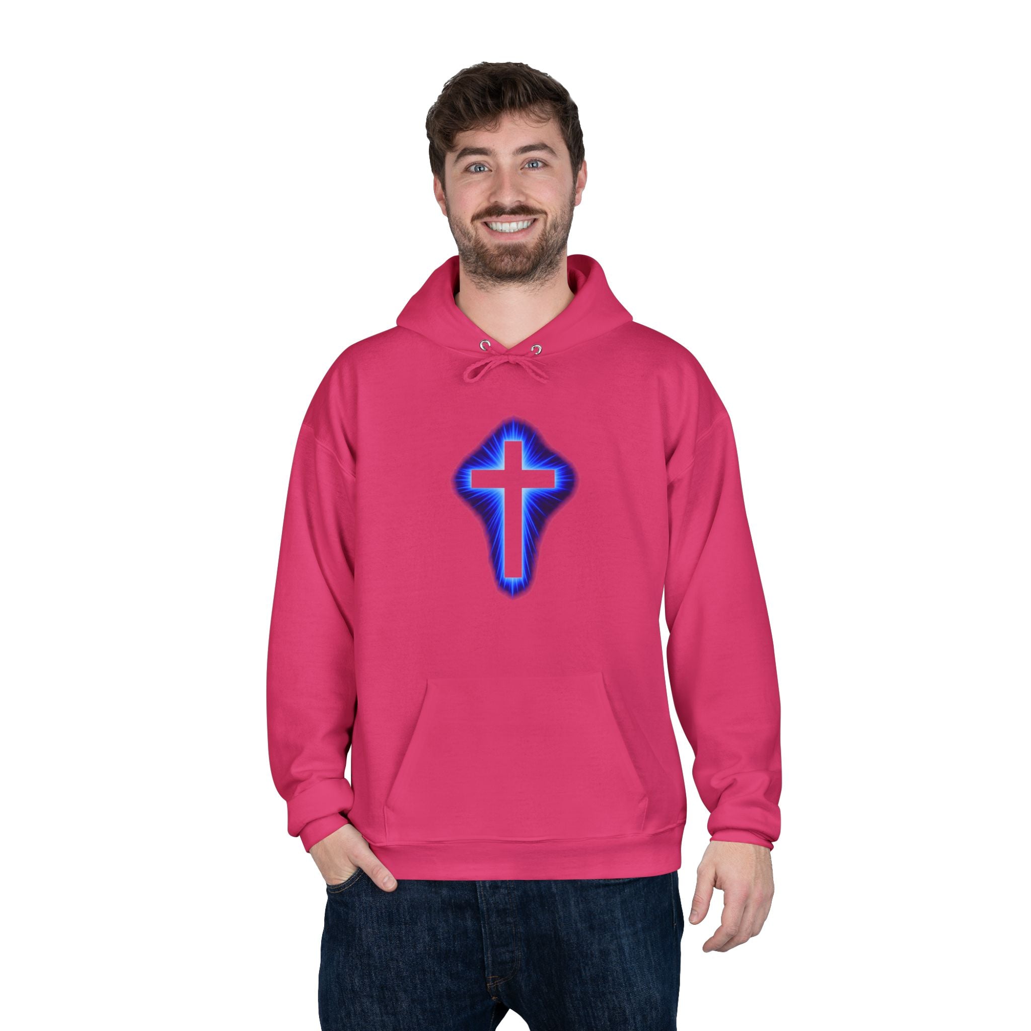 Christian Cross Hoodie — Blue Glow Front & Rustic Back Pullover