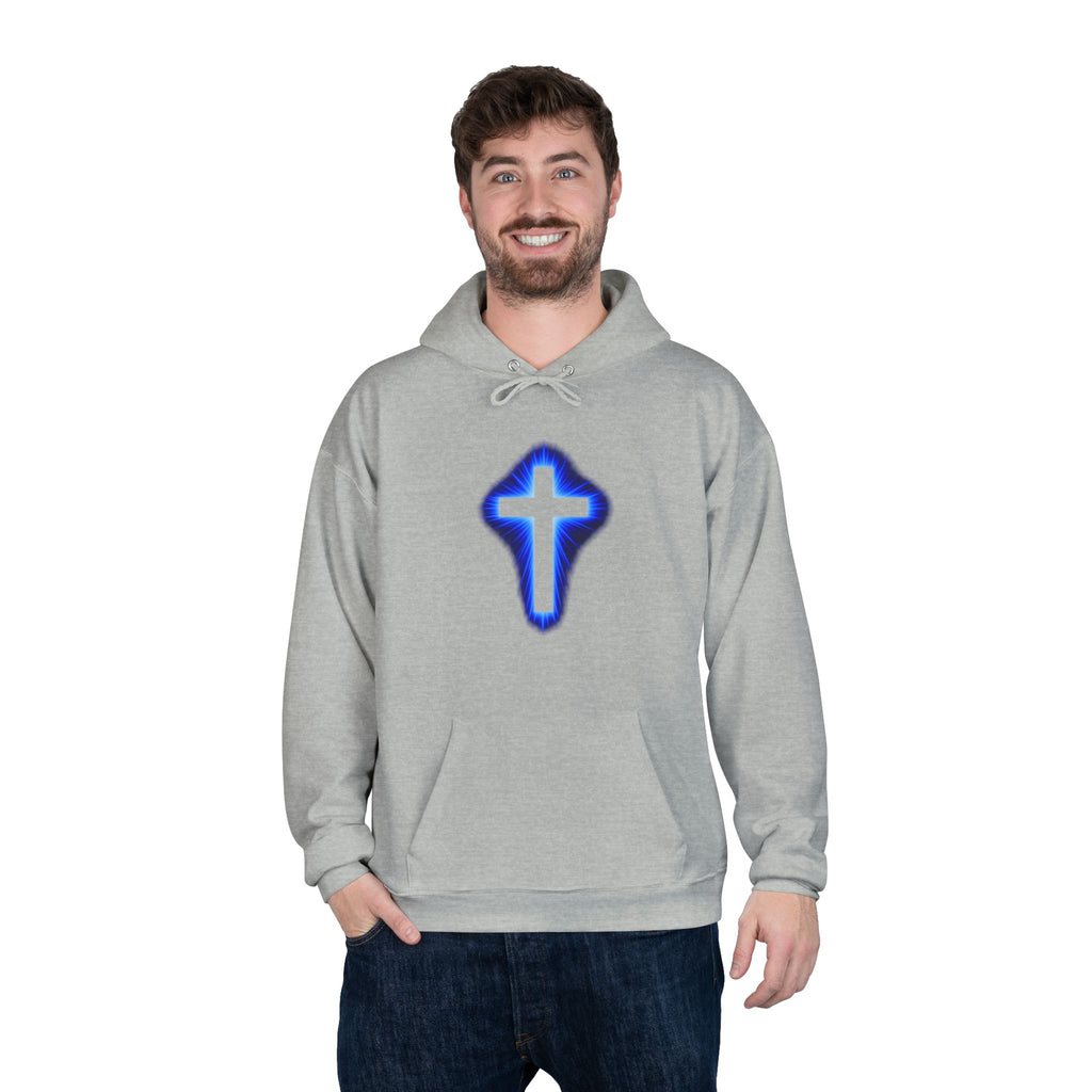 Christian Cross Hoodie — Blue Glow Front & Rustic Back Pullover