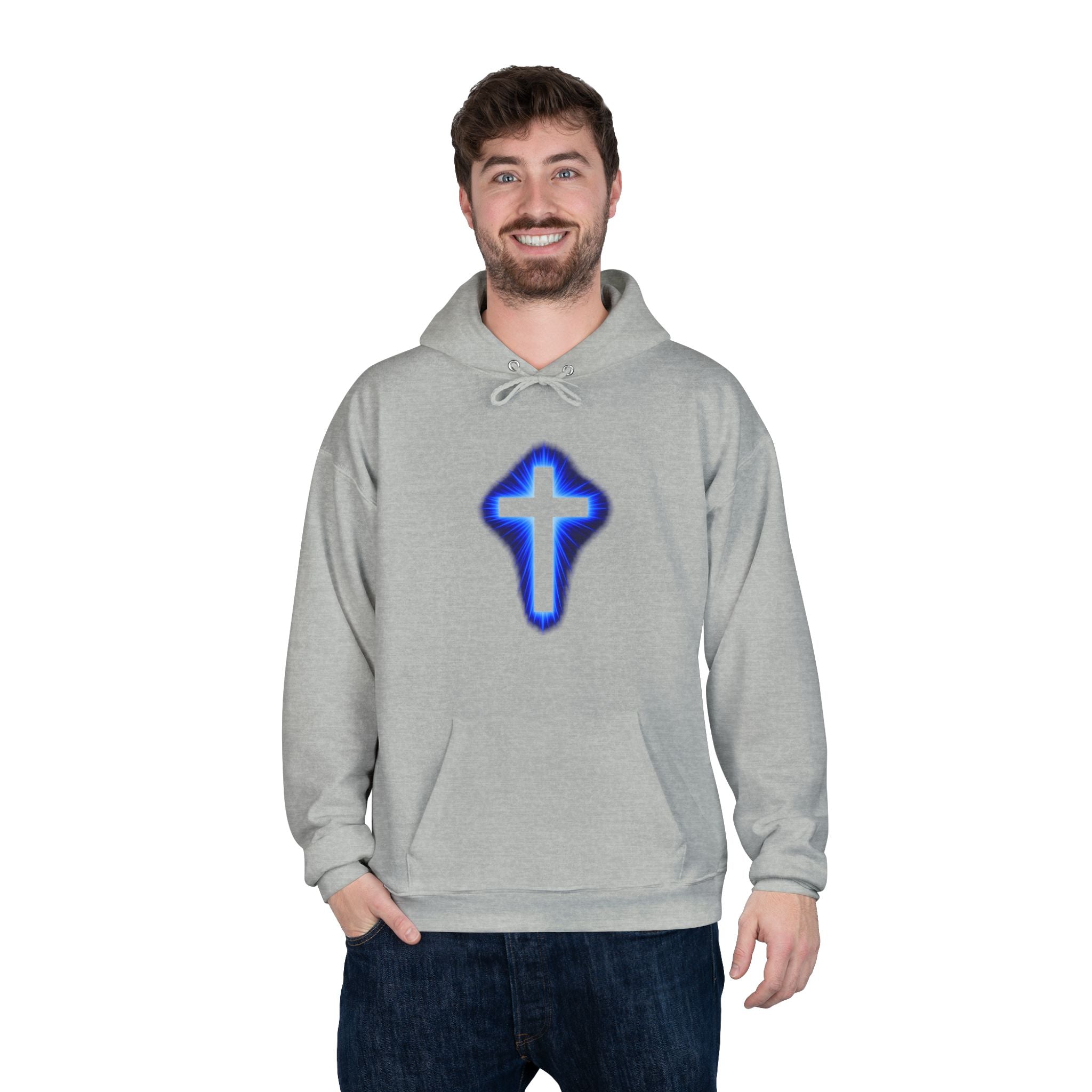 Christian Cross Hoodie — Blue Glow Front & Rustic Back Pullover
