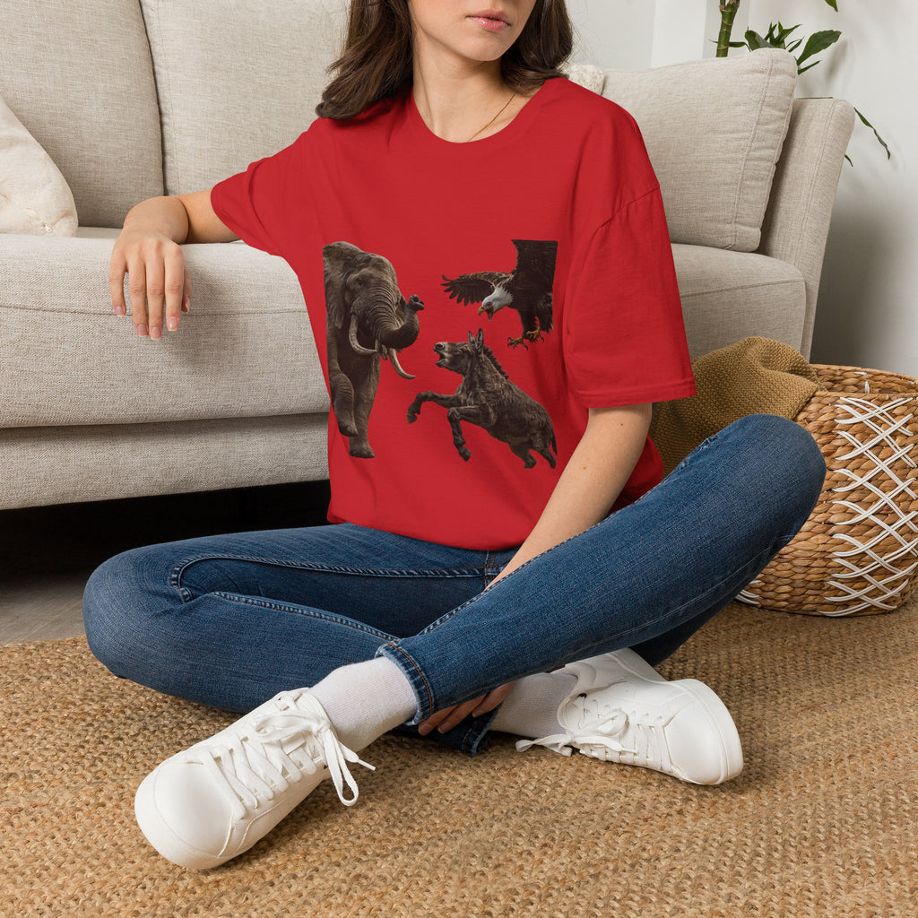 Wildlife Face-Off T-Shirt — Elephant, Eagle & Donkey Nature Scene