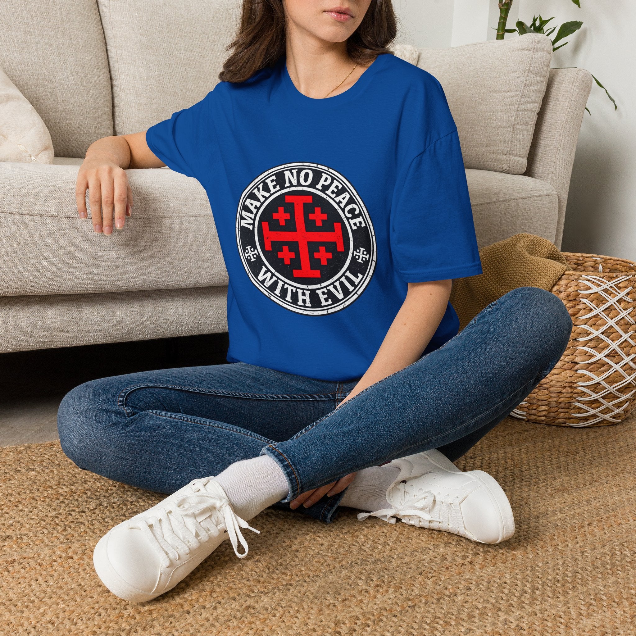 Make No Peace T-Shirt — Bold Crusader Emblem Tee ("Make No Peace With Evil")