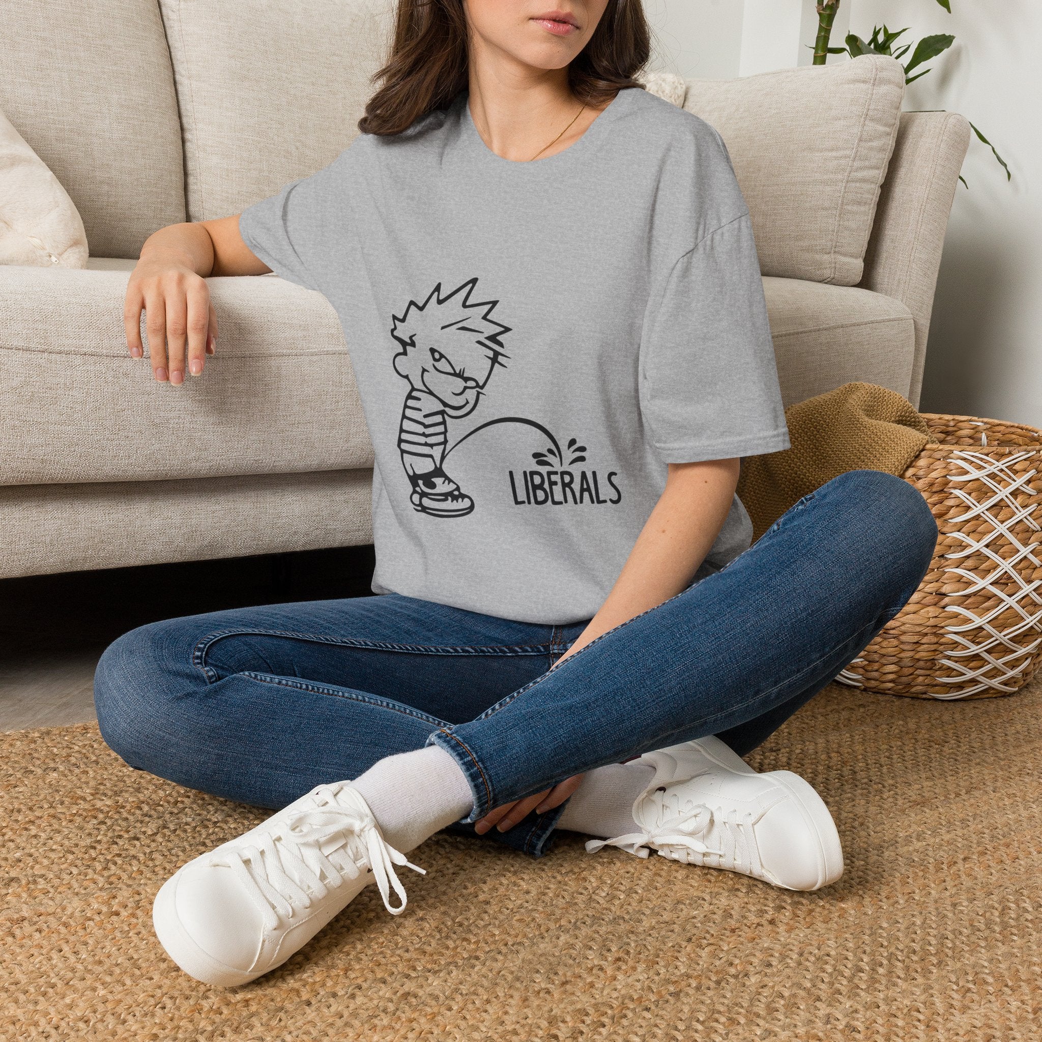 Political Humor T-Shirt — Cartoon Boy ‘Peeing on Liberals’ Graphic