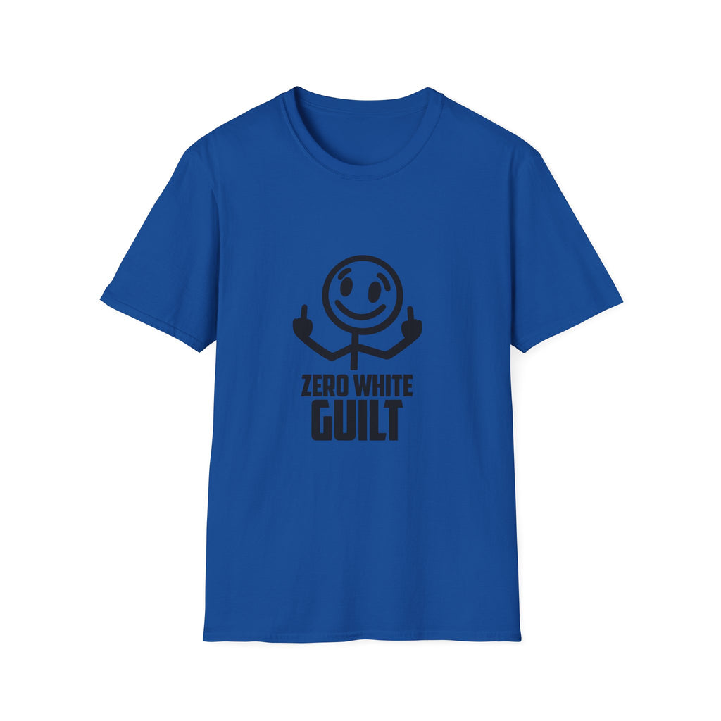 Graphic T-Shirt — 'Zero White Guilt' Smiley Stick Figure Middle Finger