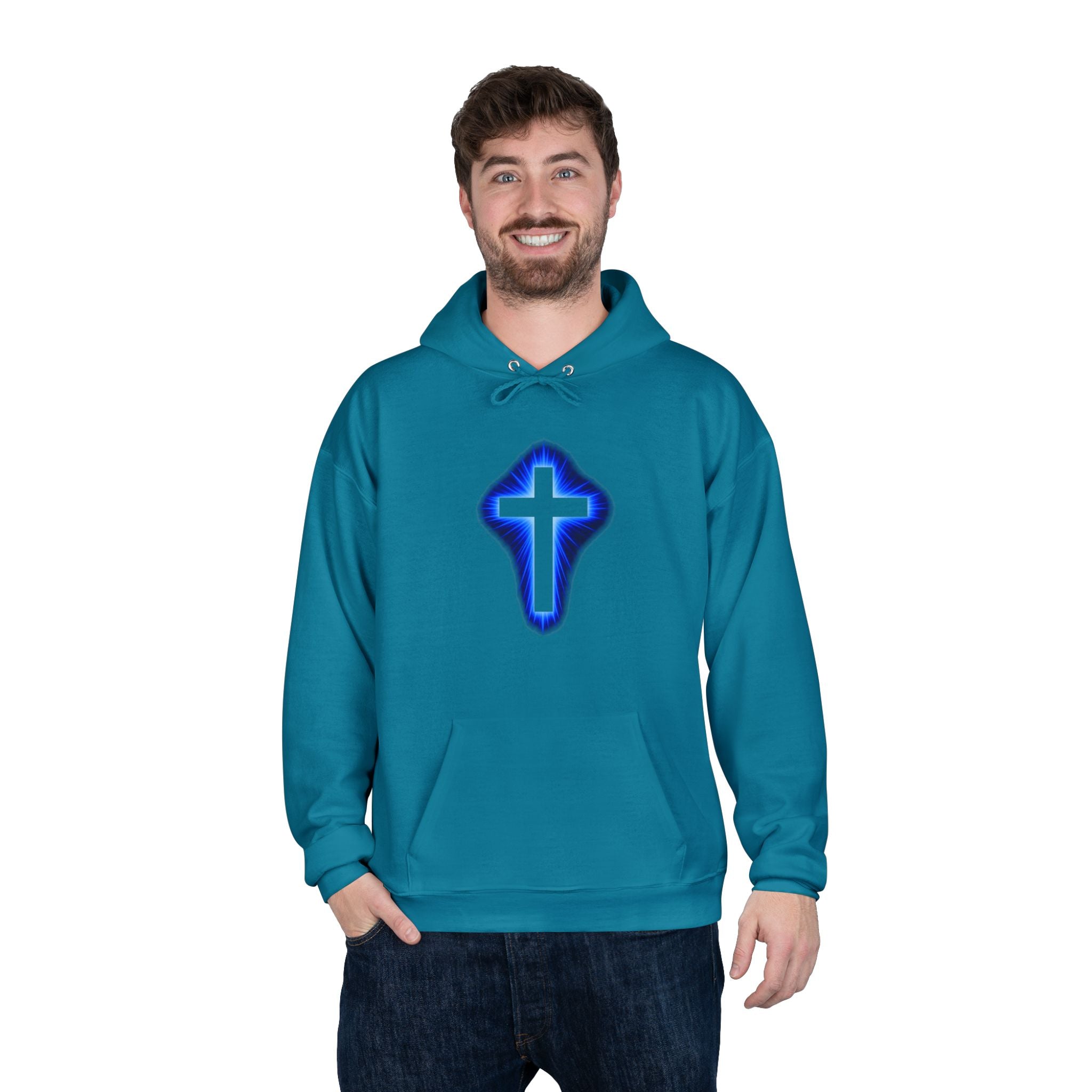 Christian Cross Hoodie — Blue Glow Front & Rustic Back Pullover