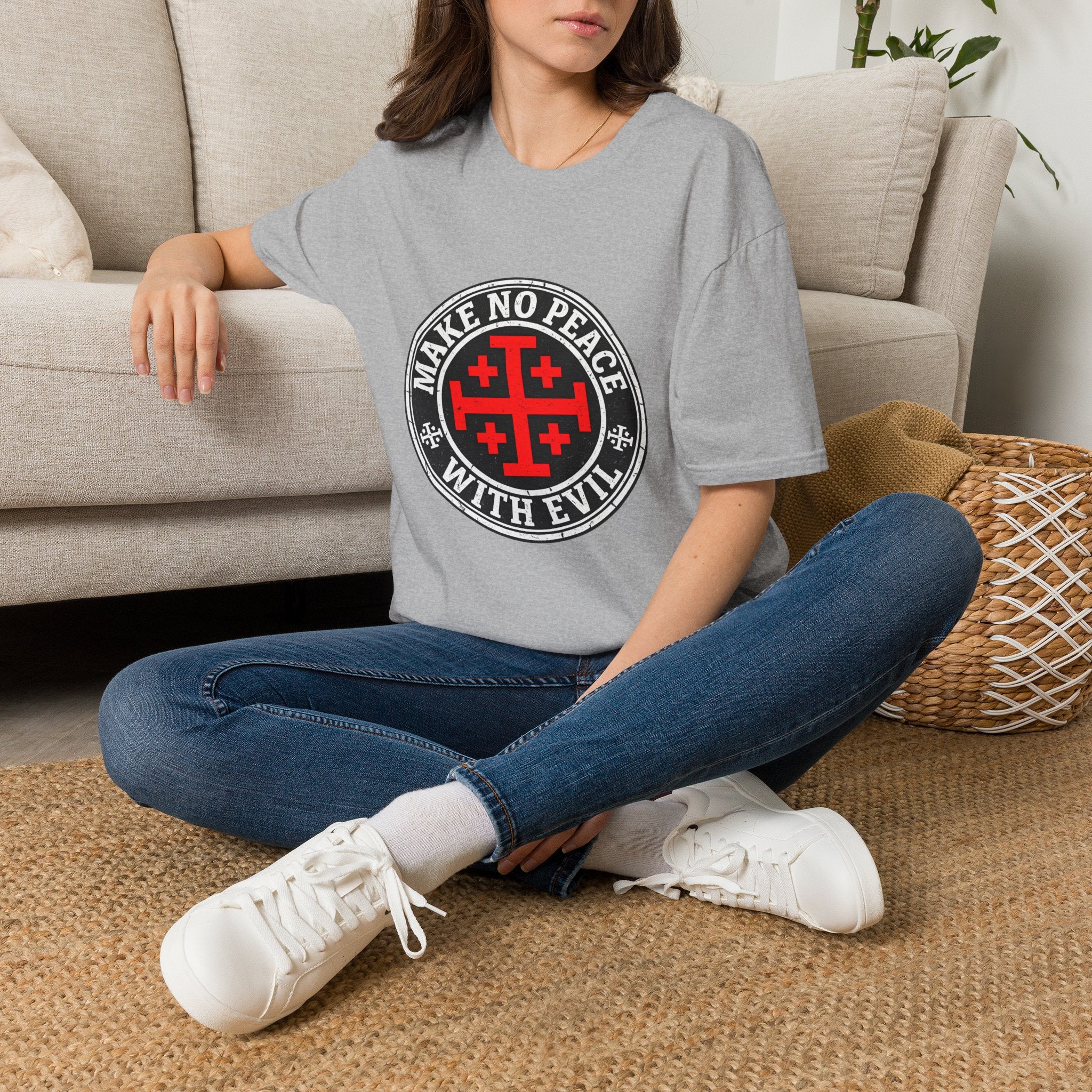 Make No Peace T-Shirt — Bold Crusader Emblem Tee ("Make No Peace With Evil")