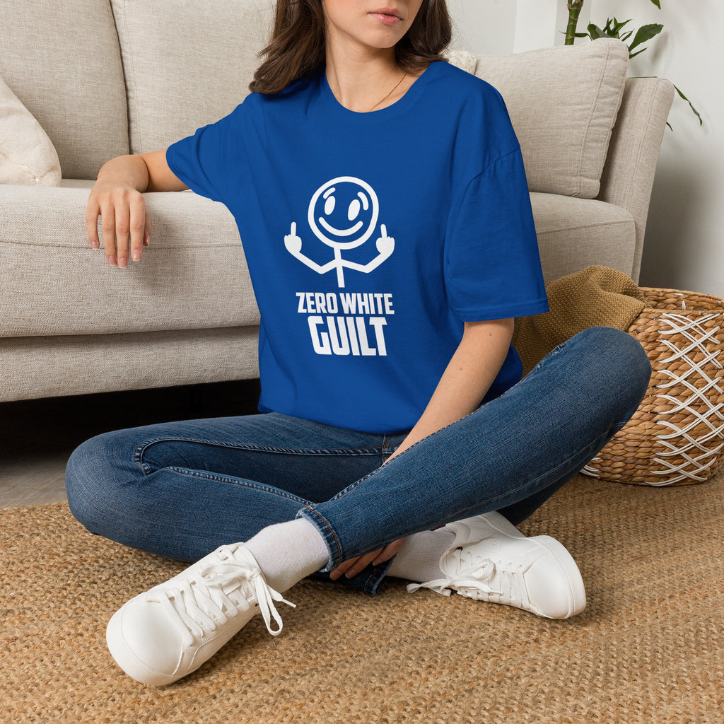 Zero White Guilt T-Shirt — Smiley Stick Figure Flipping Off Graphic Tee