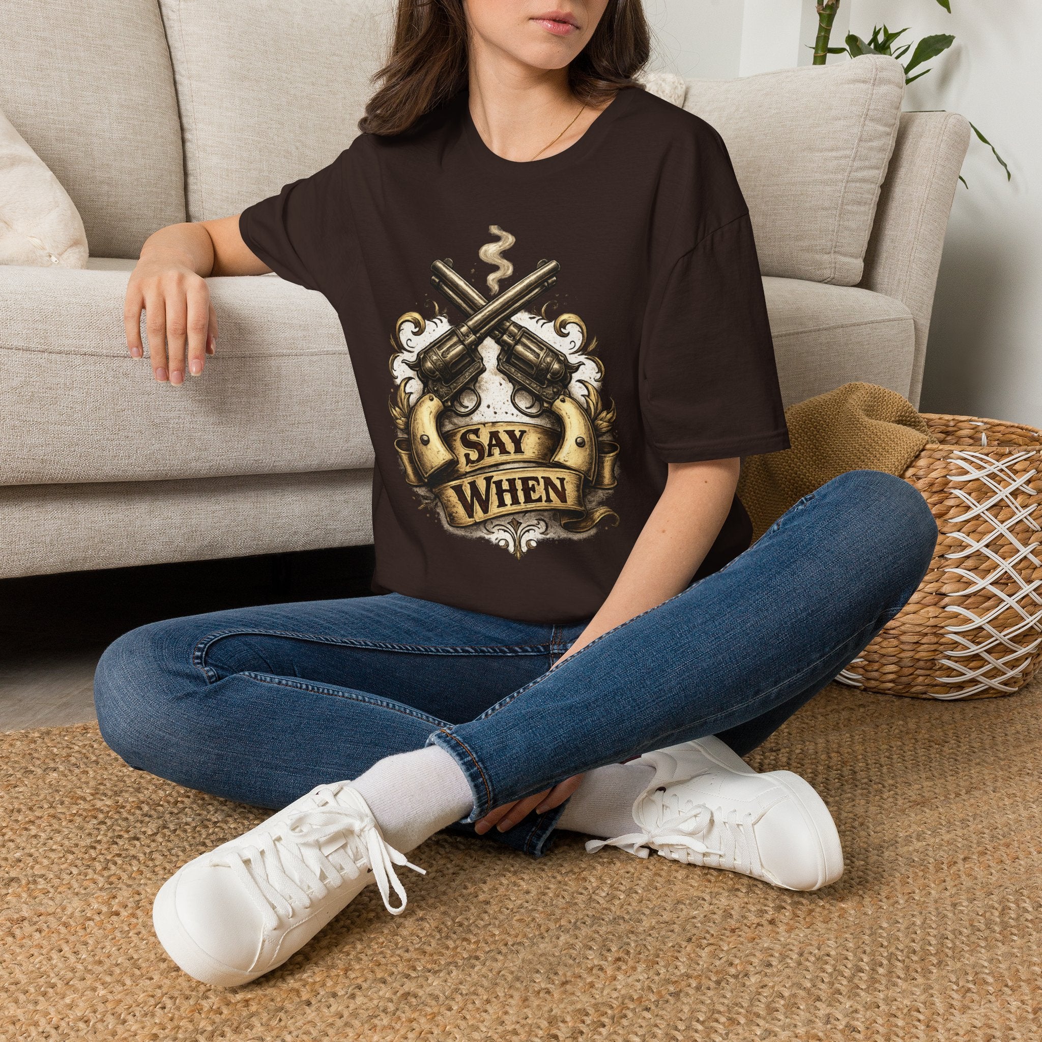 Western Revolver T‑Shirt — "Say When" Vintage Gun Graphic