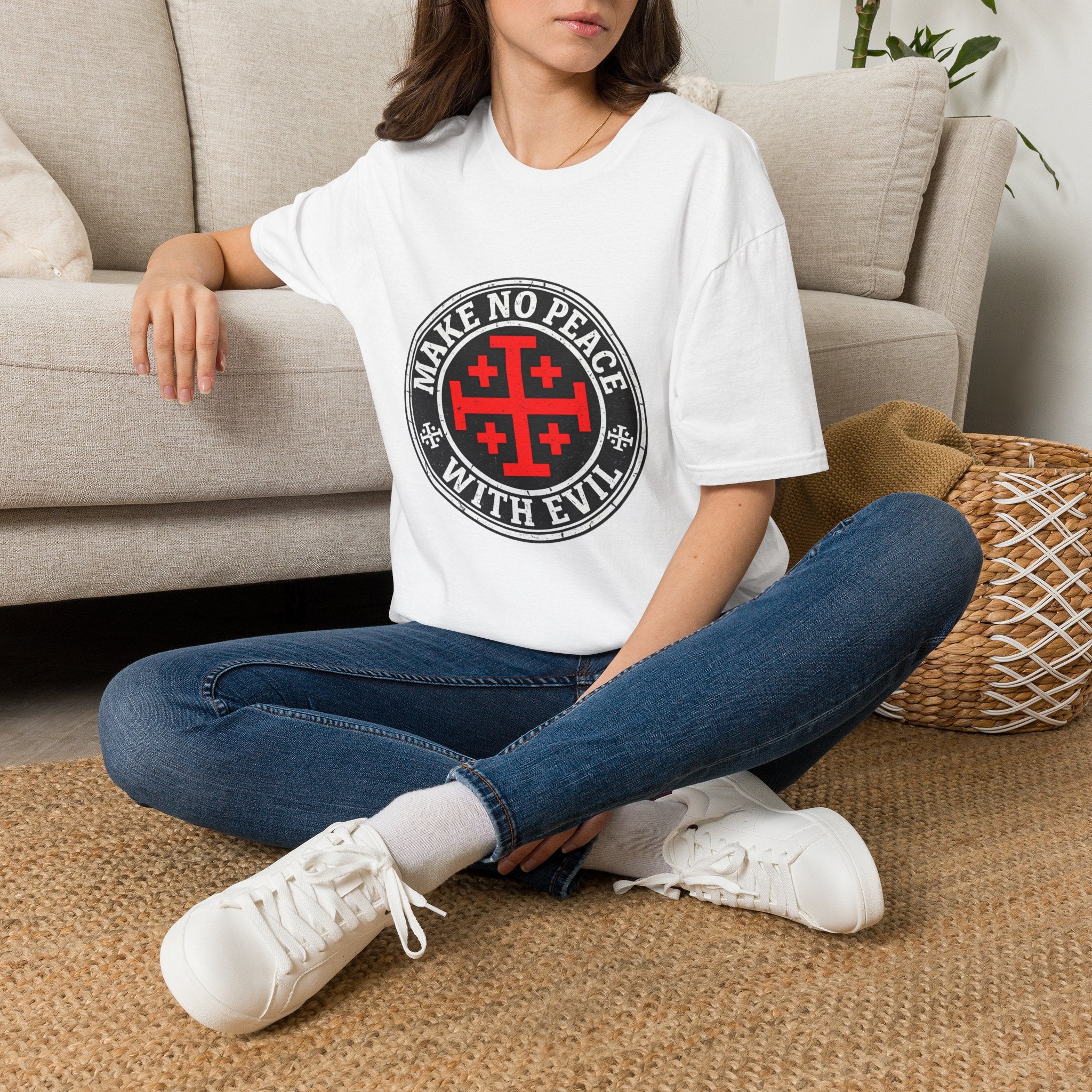 Make No Peace T-Shirt — Bold Crusader Emblem Tee ("Make No Peace With Evil")