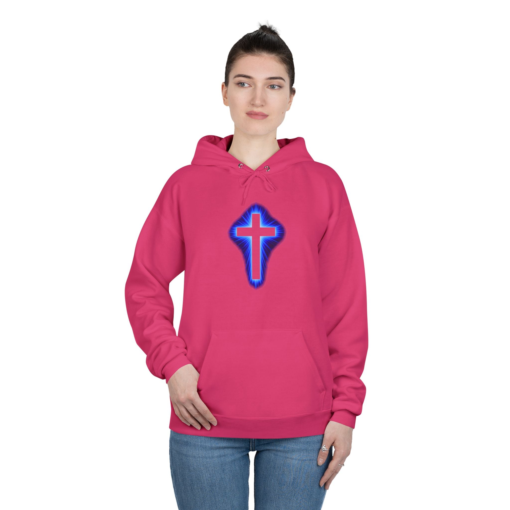 Christian Cross Hoodie — Blue Glow Front & Rustic Back Pullover