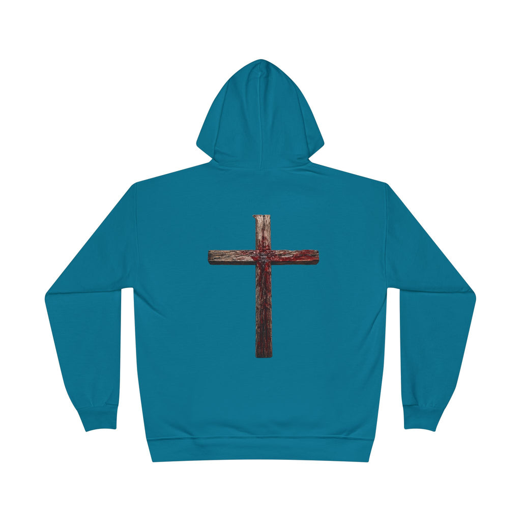 Christian Cross Hoodie — Blue Glow Front & Rustic Back Pullover
