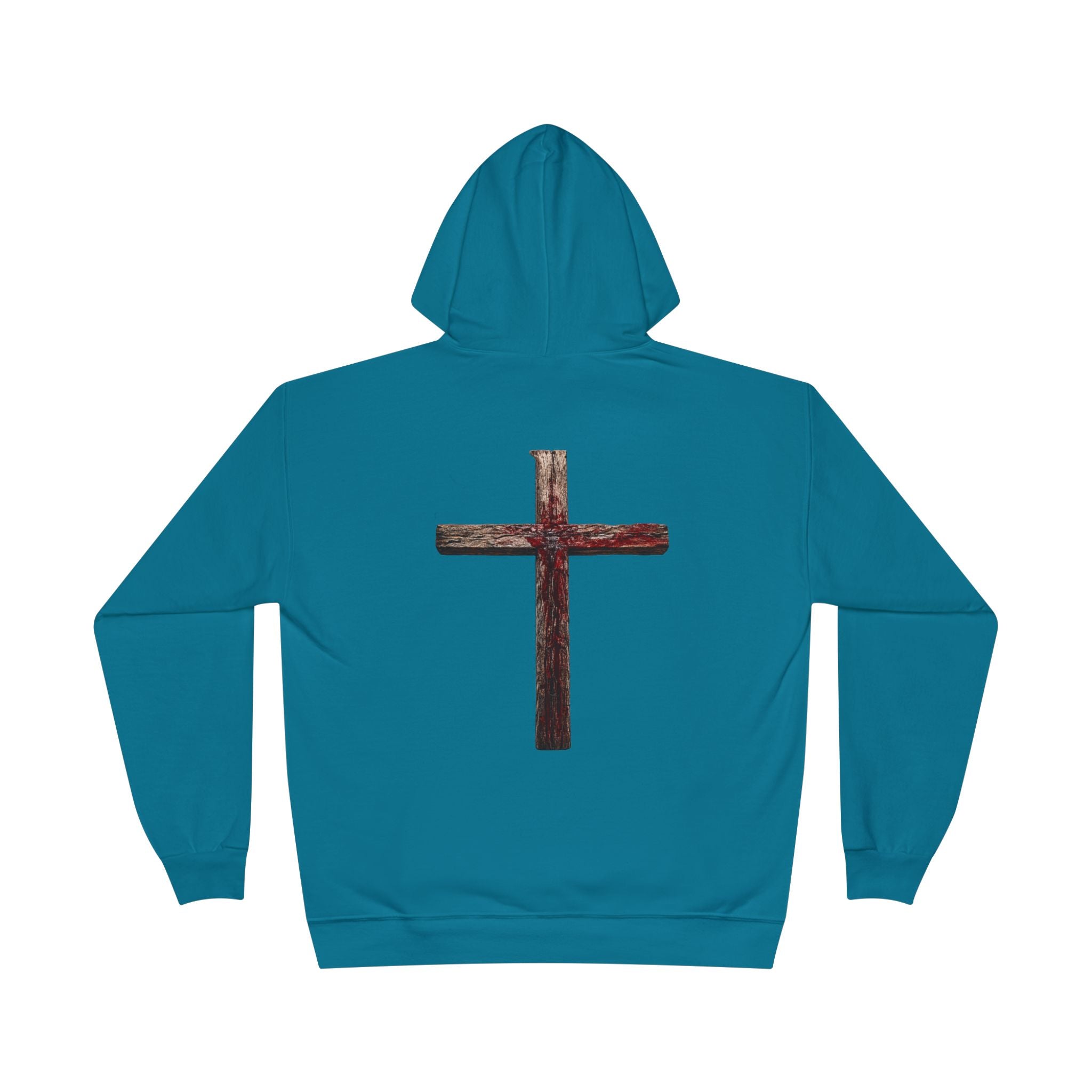 Christian Cross Hoodie — Blue Glow Front & Rustic Back Pullover