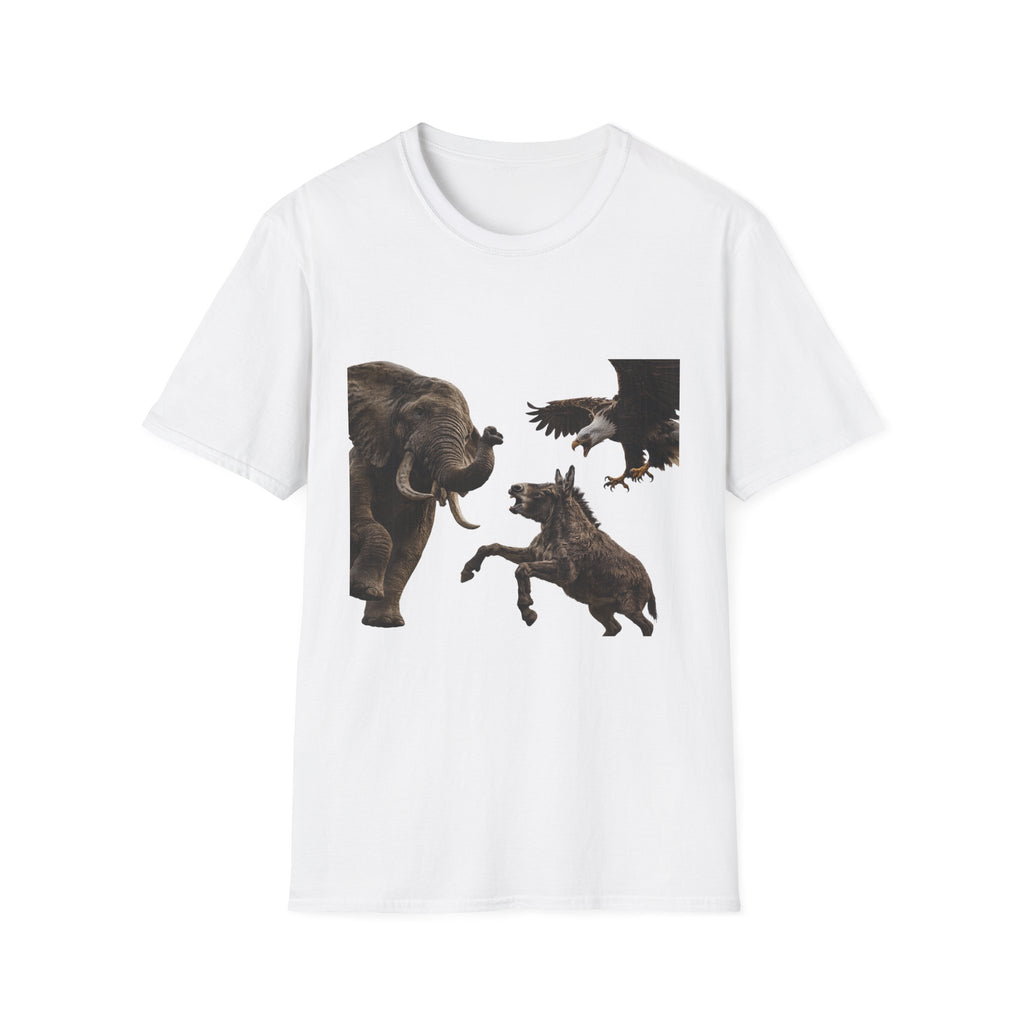 Wildlife Face-Off T-Shirt — Elephant, Eagle & Donkey Nature Scene