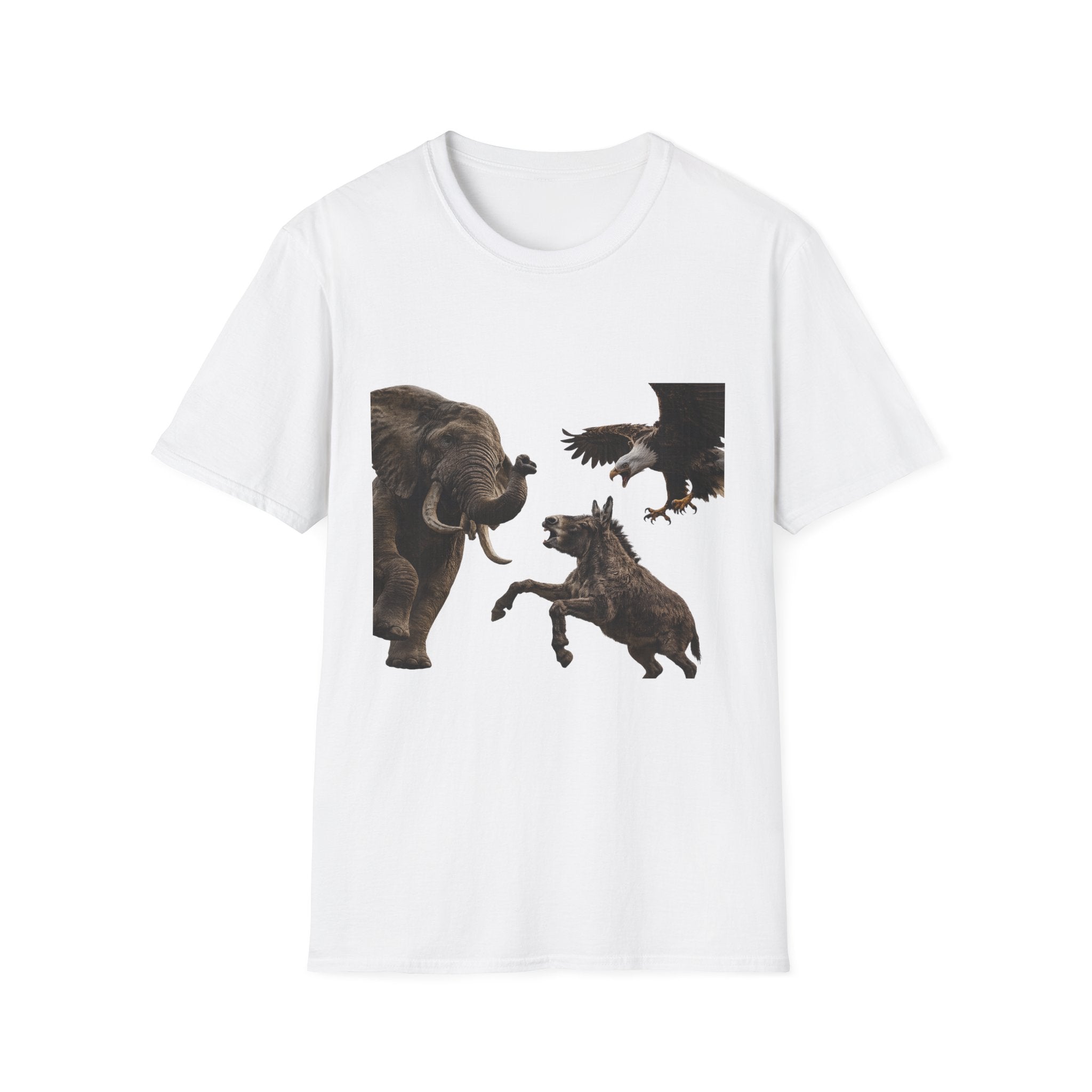 Wildlife Face-Off T-Shirt — Elephant, Eagle & Donkey Nature Scene