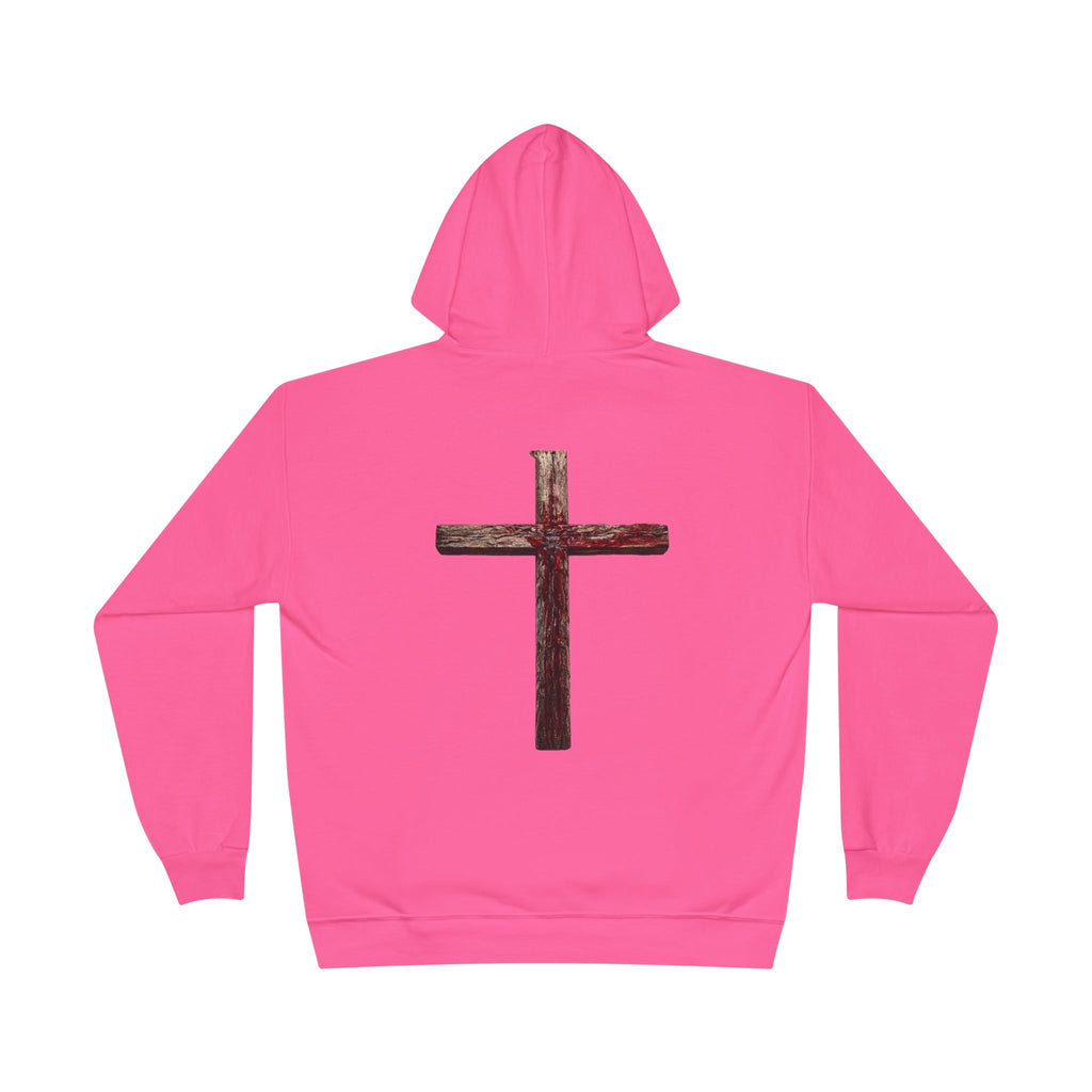 Christian Cross Hoodie — Blue Glow Front & Rustic Back Pullover