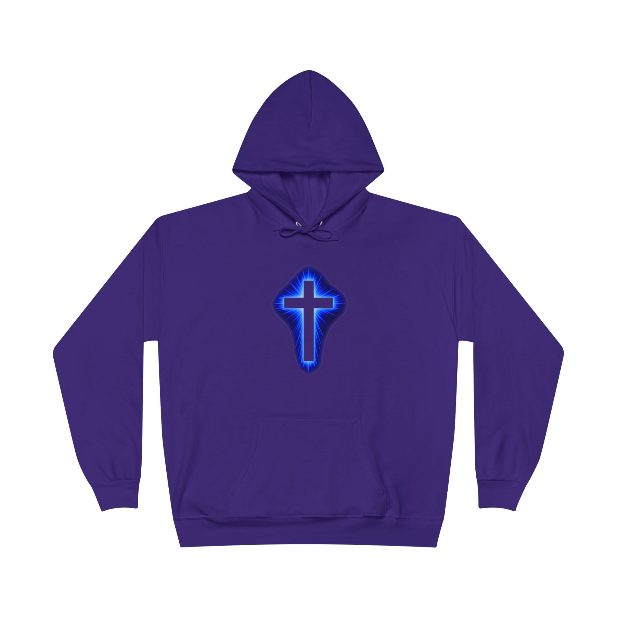 Christian Cross Hoodie — Blue Glow Front & Rustic Back Pullover