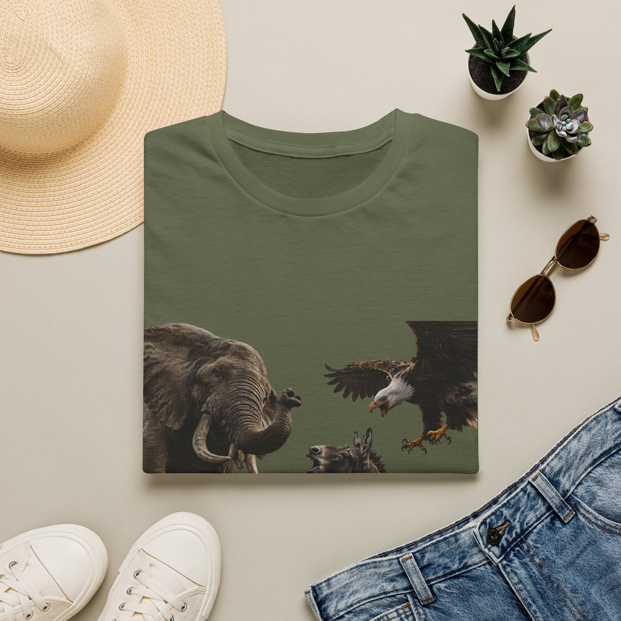 Wildlife Face-Off T-Shirt — Elephant, Eagle & Donkey Nature Scene