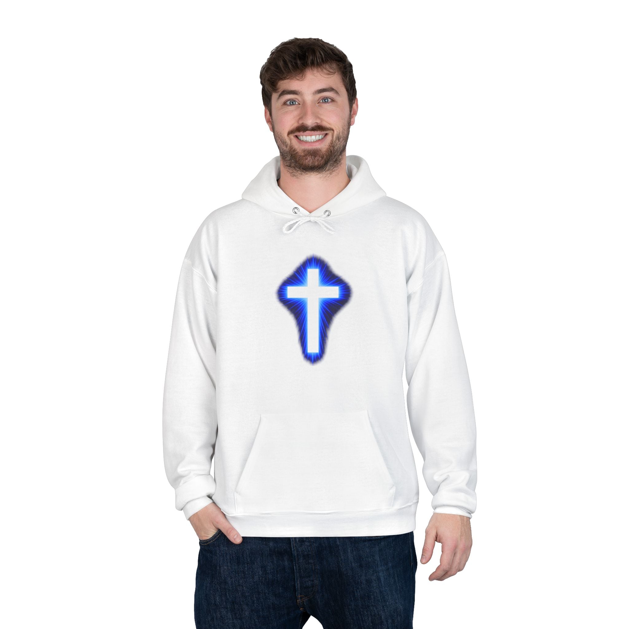 Christian Cross Hoodie — Blue Glow Front & Rustic Back Pullover
