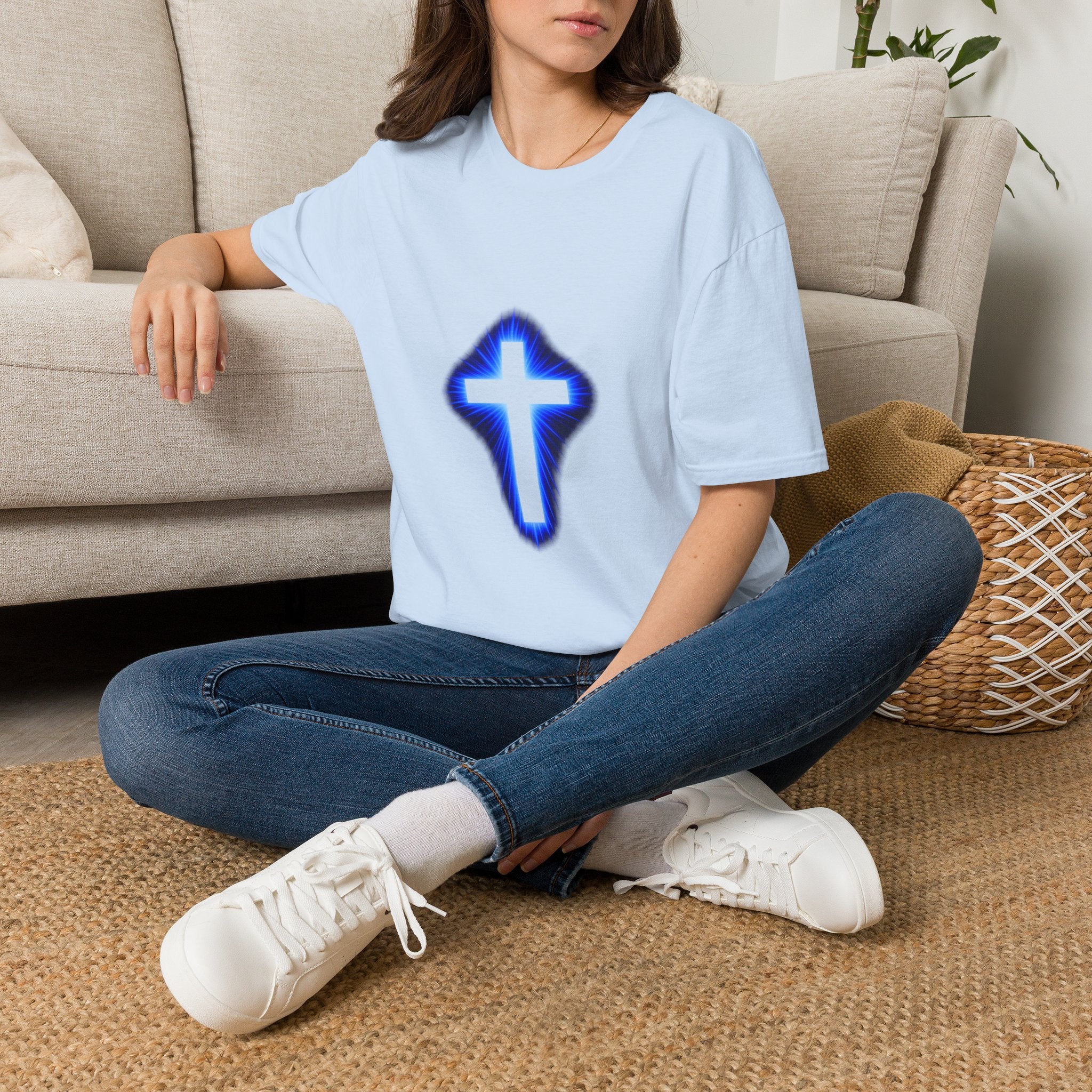 Blue Glowing Cross T‑Shirt — Christian Faith Graphic Tee