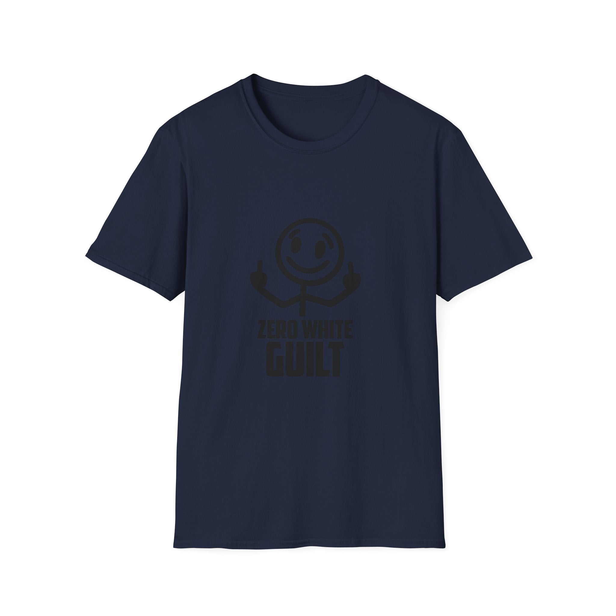 Graphic T-Shirt — 'Zero White Guilt' Smiley Stick Figure Middle Finger