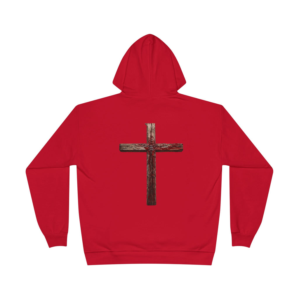 Christian Cross Hoodie — Blue Glow Front & Rustic Back Pullover