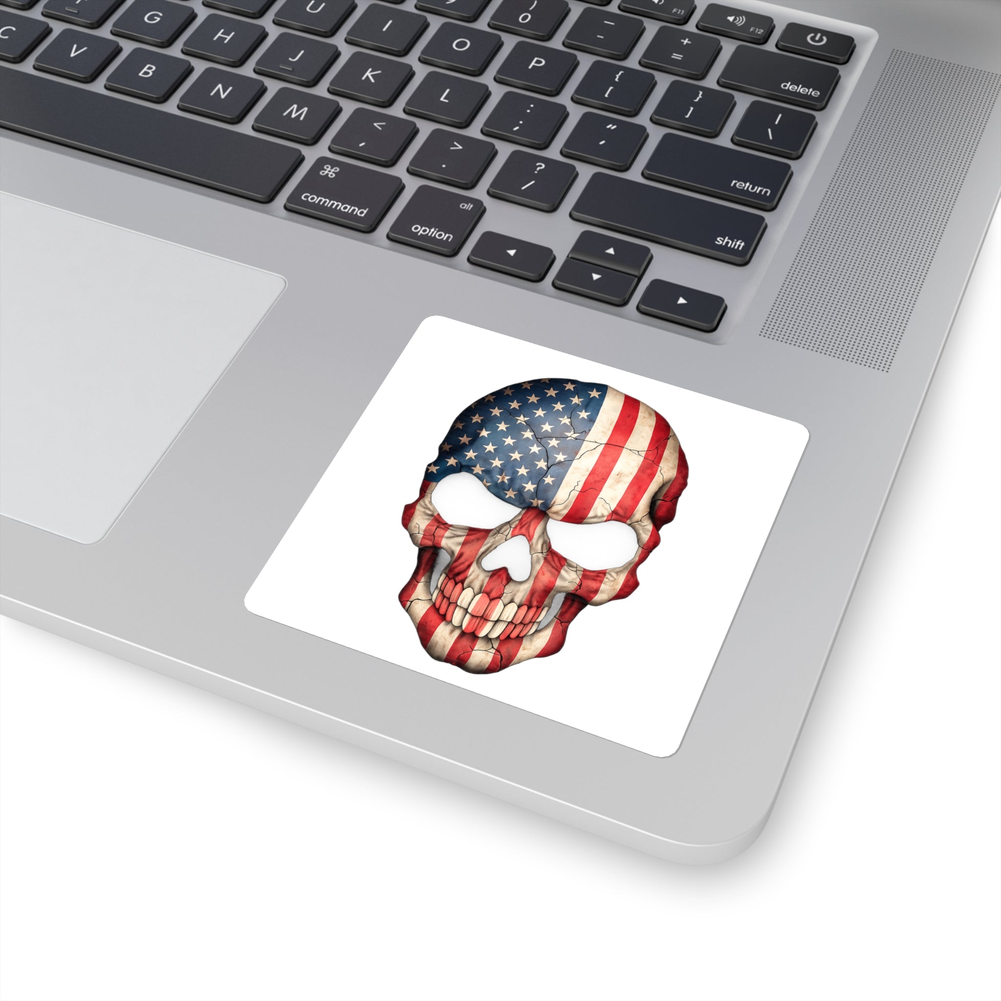 American Flag Skull Sticker — Patriotic Skull Square Decal for Laptop, Helmet, Guitar