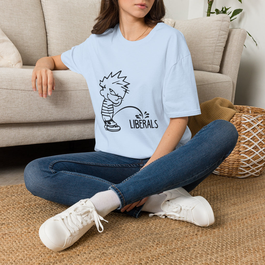 Political Humor T-Shirt — Cartoon Boy ‘Peeing on Liberals’ Graphic