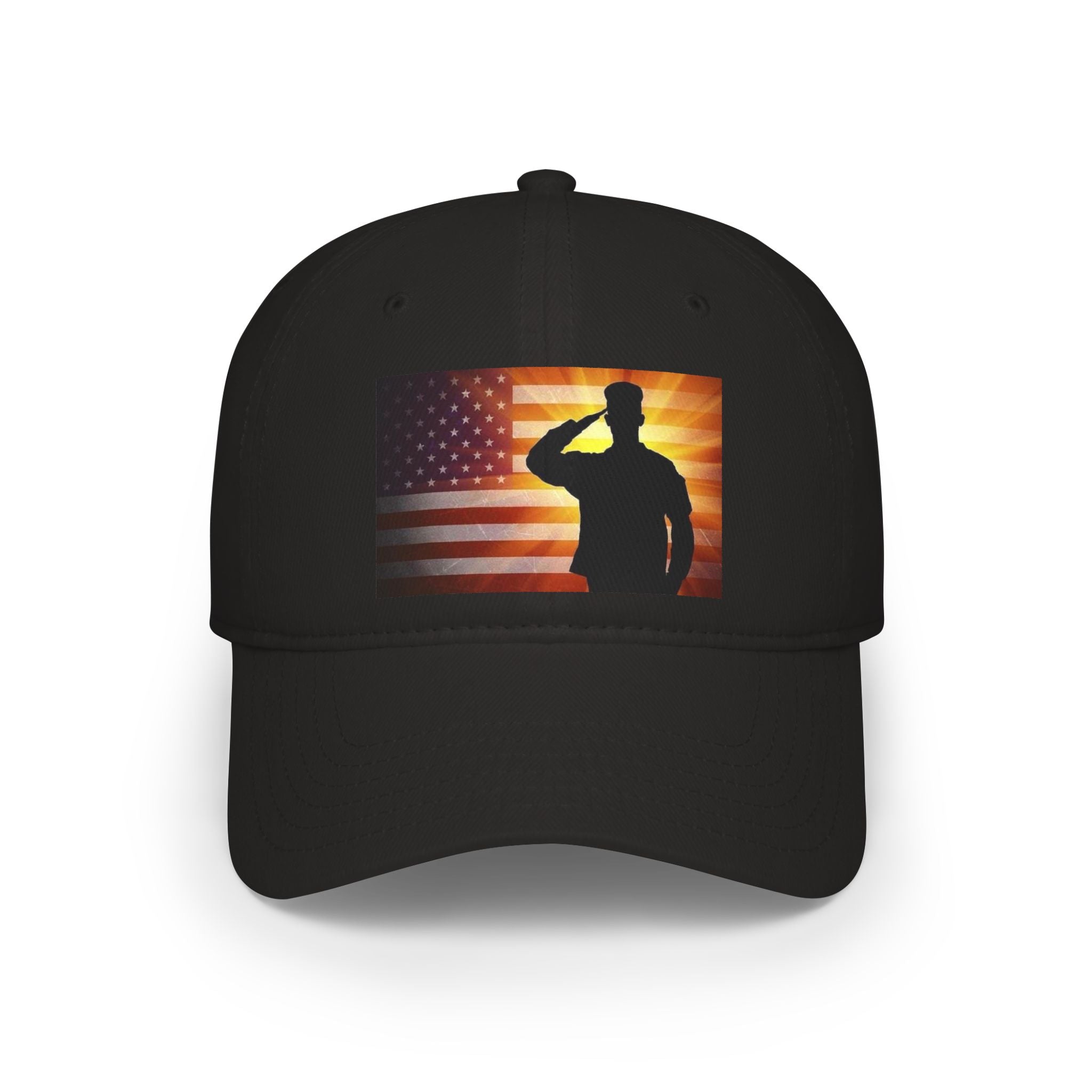 Patriotic Salute Baseball Cap — American Flag Soldier Silhouette