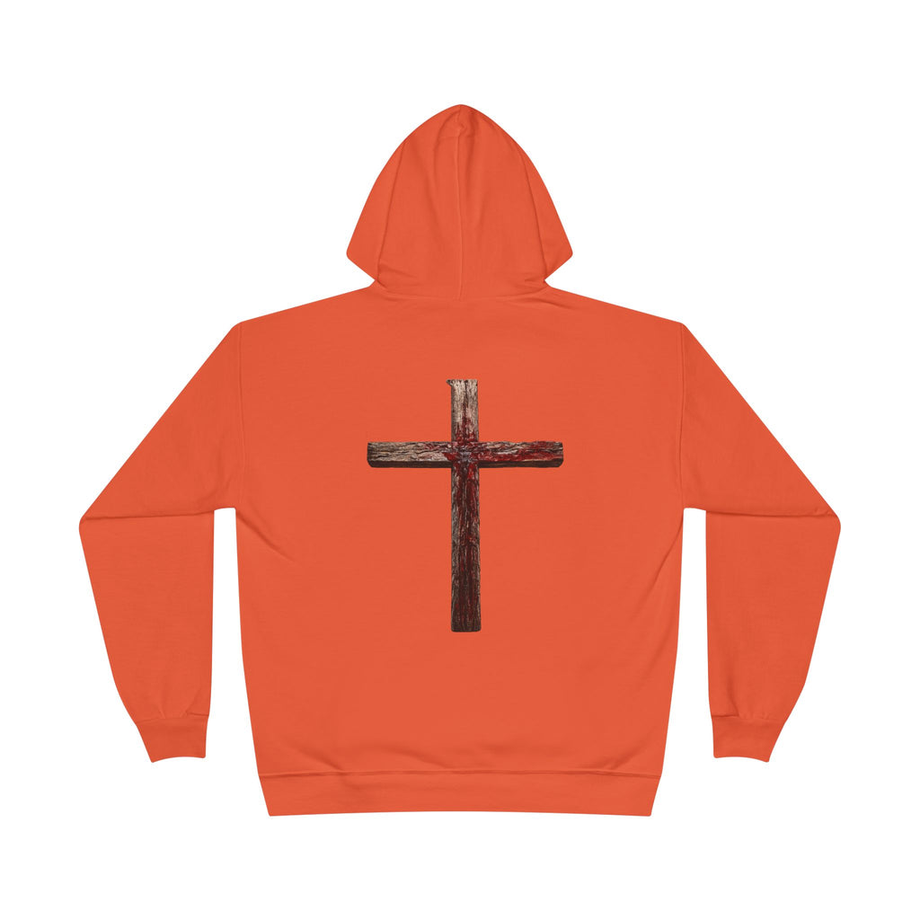 Christian Cross Hoodie — Blue Glow Front & Rustic Back Pullover