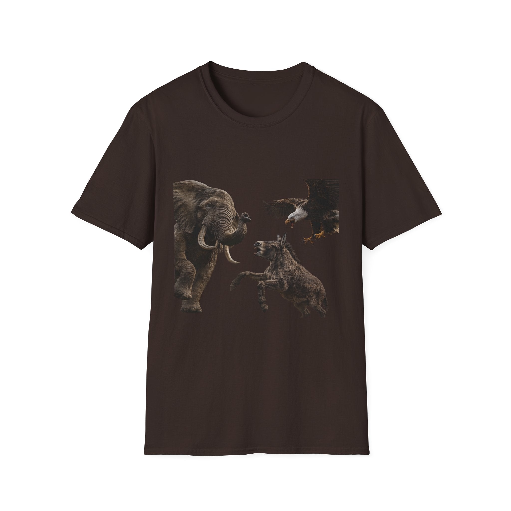 Wildlife Face-Off T-Shirt — Elephant, Eagle & Donkey Nature Scene