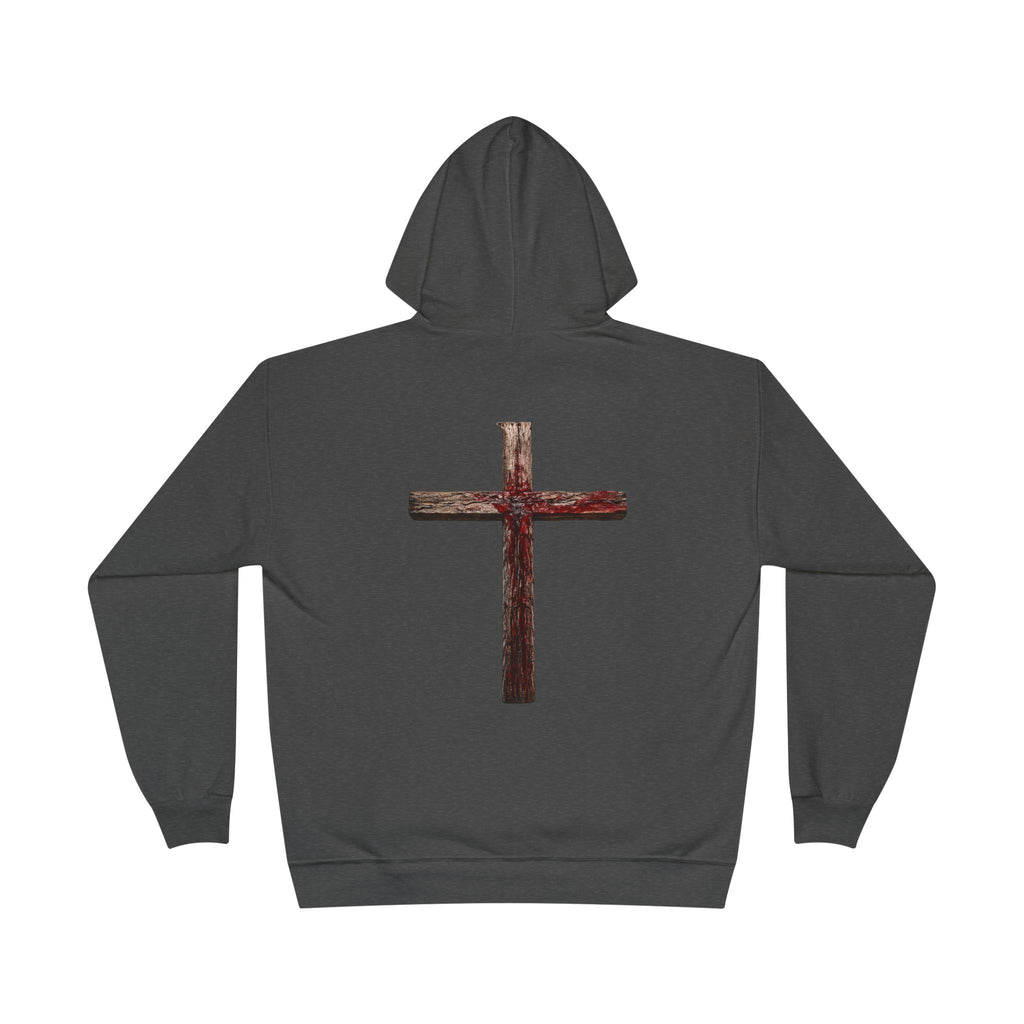 Christian Cross Hoodie — Blue Glow Front & Rustic Back Pullover