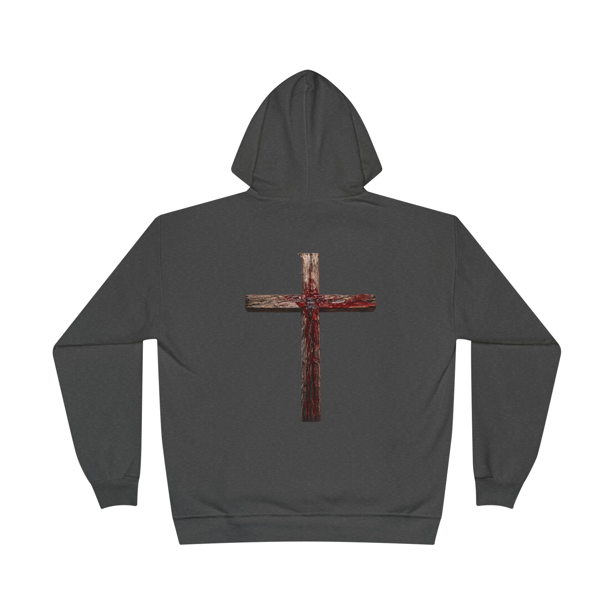 Christian Cross Hoodie — Blue Glow Front & Rustic Back Pullover