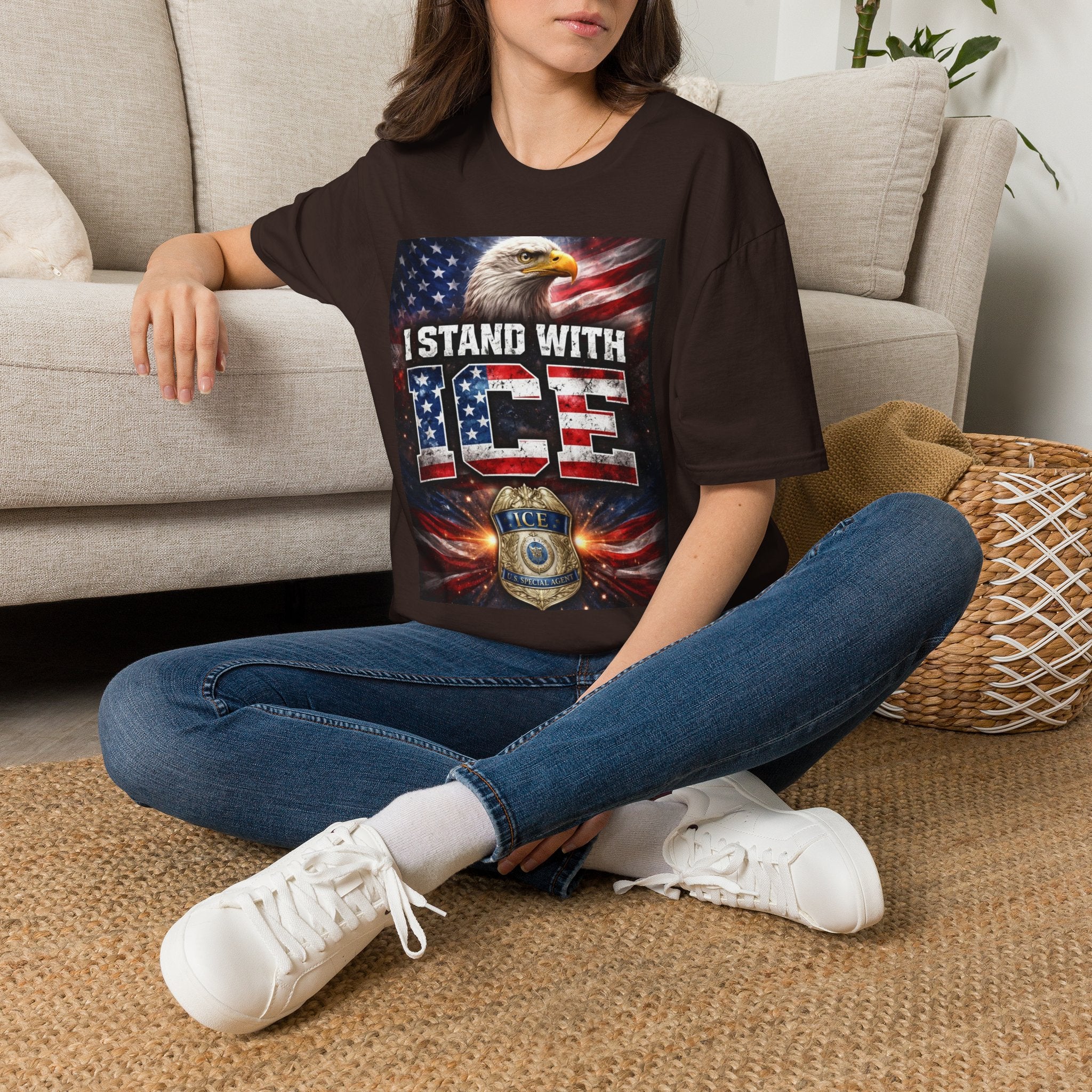 I Stand With ICE American Flag Eagle T-Shirt — Pro-ICE Patriotic Tee