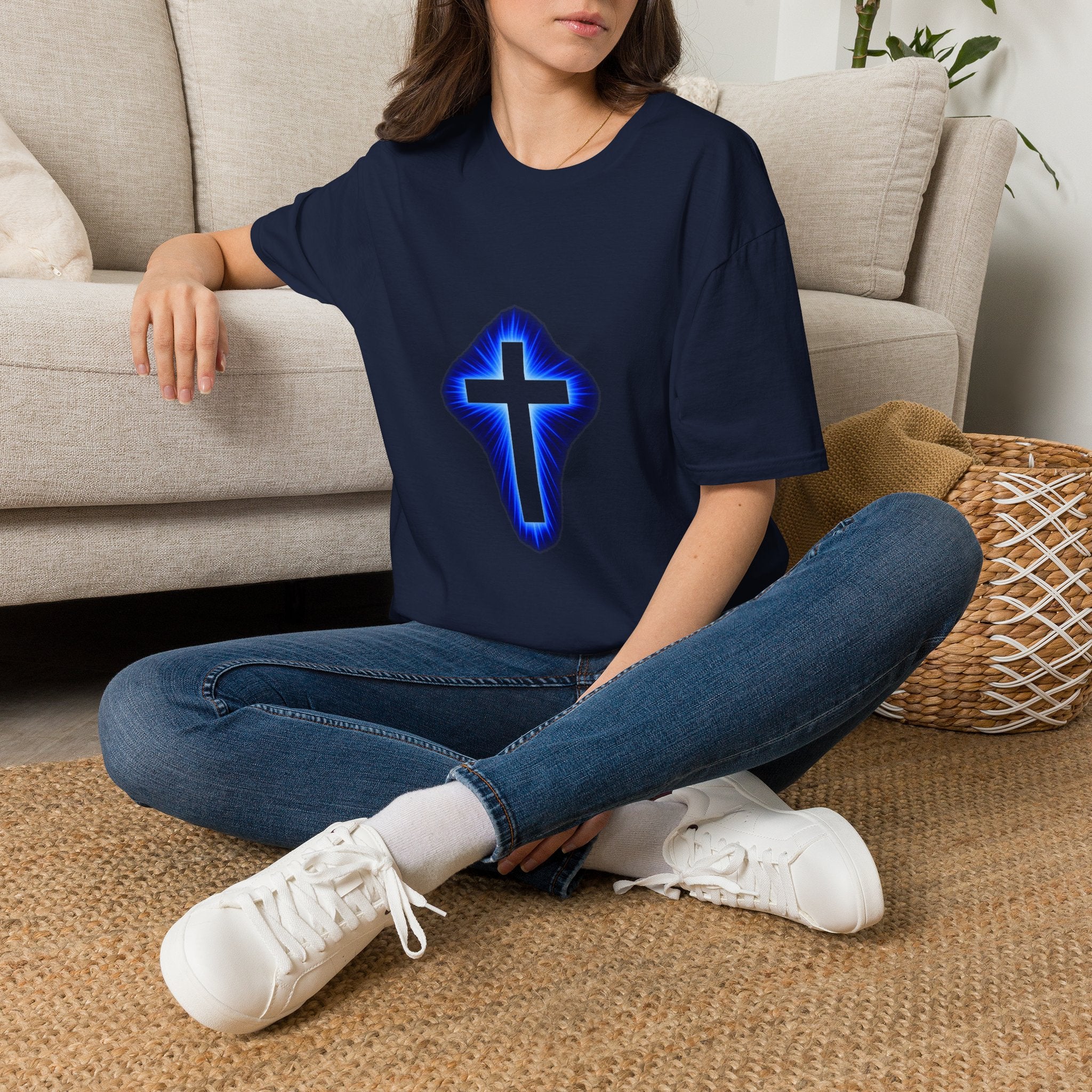 Blue Glowing Cross T‑Shirt — Christian Faith Graphic Tee