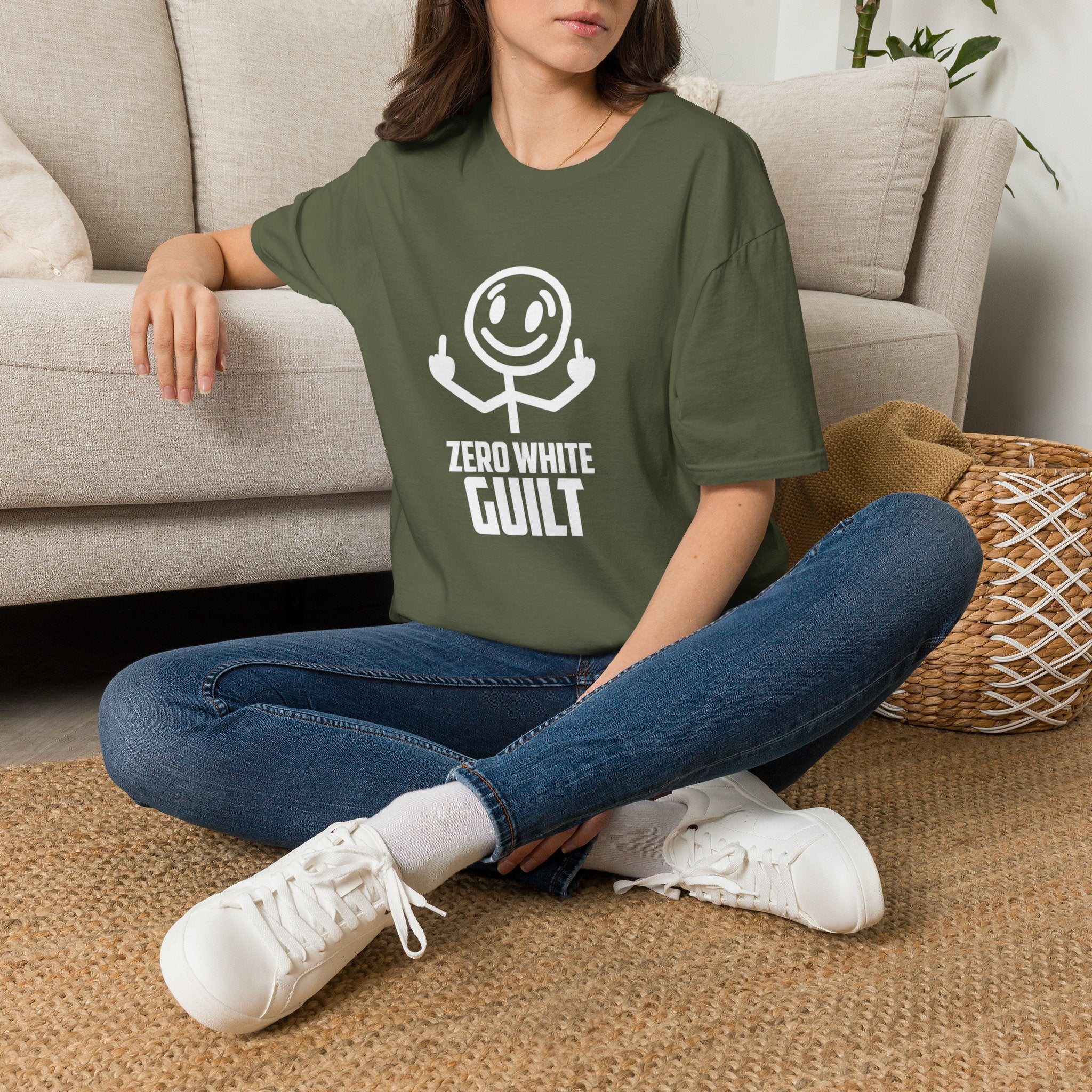 Zero White Guilt T-Shirt — Smiley Stick Figure Flipping Off Graphic Tee