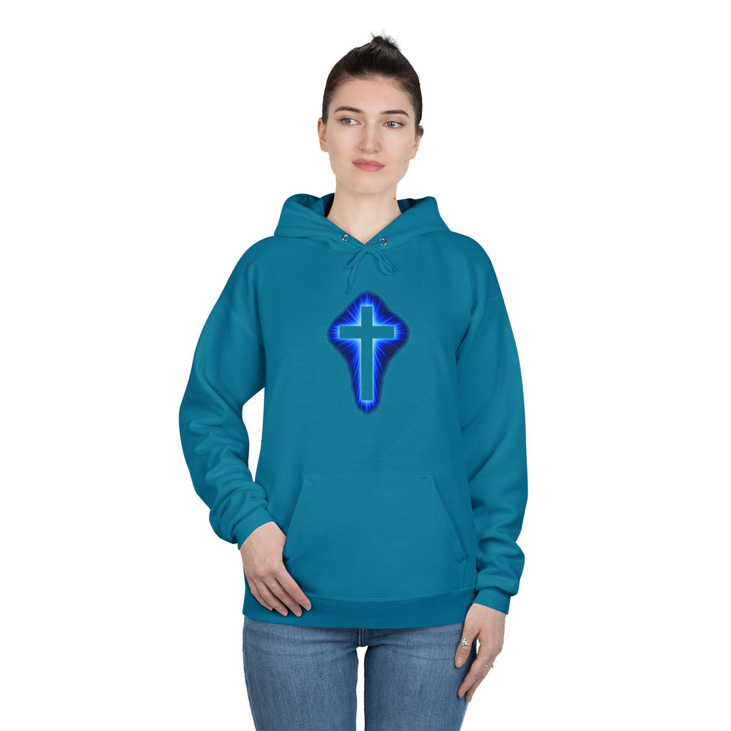 Christian Cross Hoodie — Blue Glow Front & Rustic Back Pullover